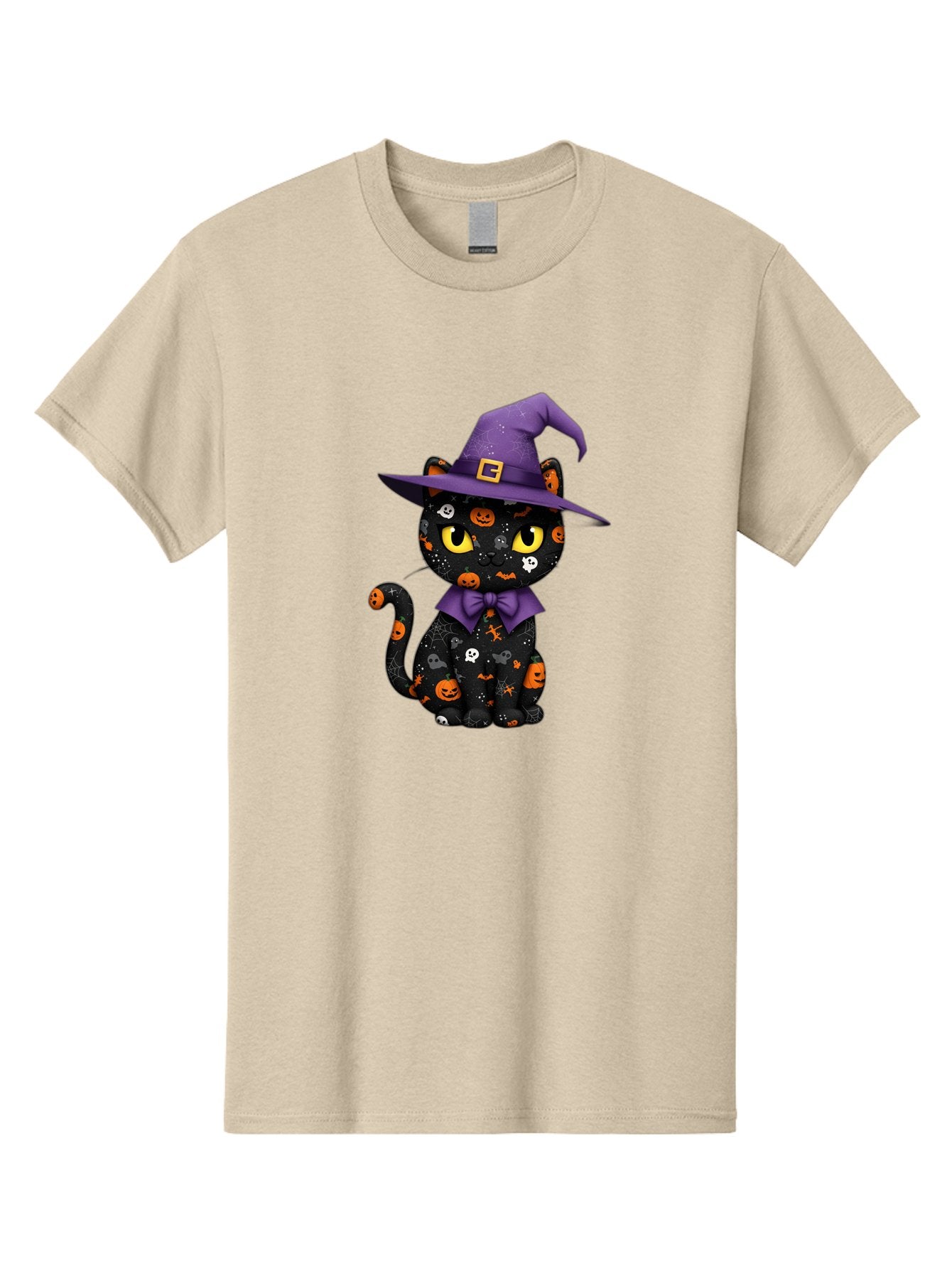 Halloween-Cat Men'S Graphic Tee, 100% Cotton, Comfortable Casual Summer Wear, Machine Washable, Black Cat With Halloween Design, Witch Hat, Purple Bow Tie, Halloween Decorations, Jack-O-Lanterns, Spooky Atmosphere, Halloween Theme, Bad176 8