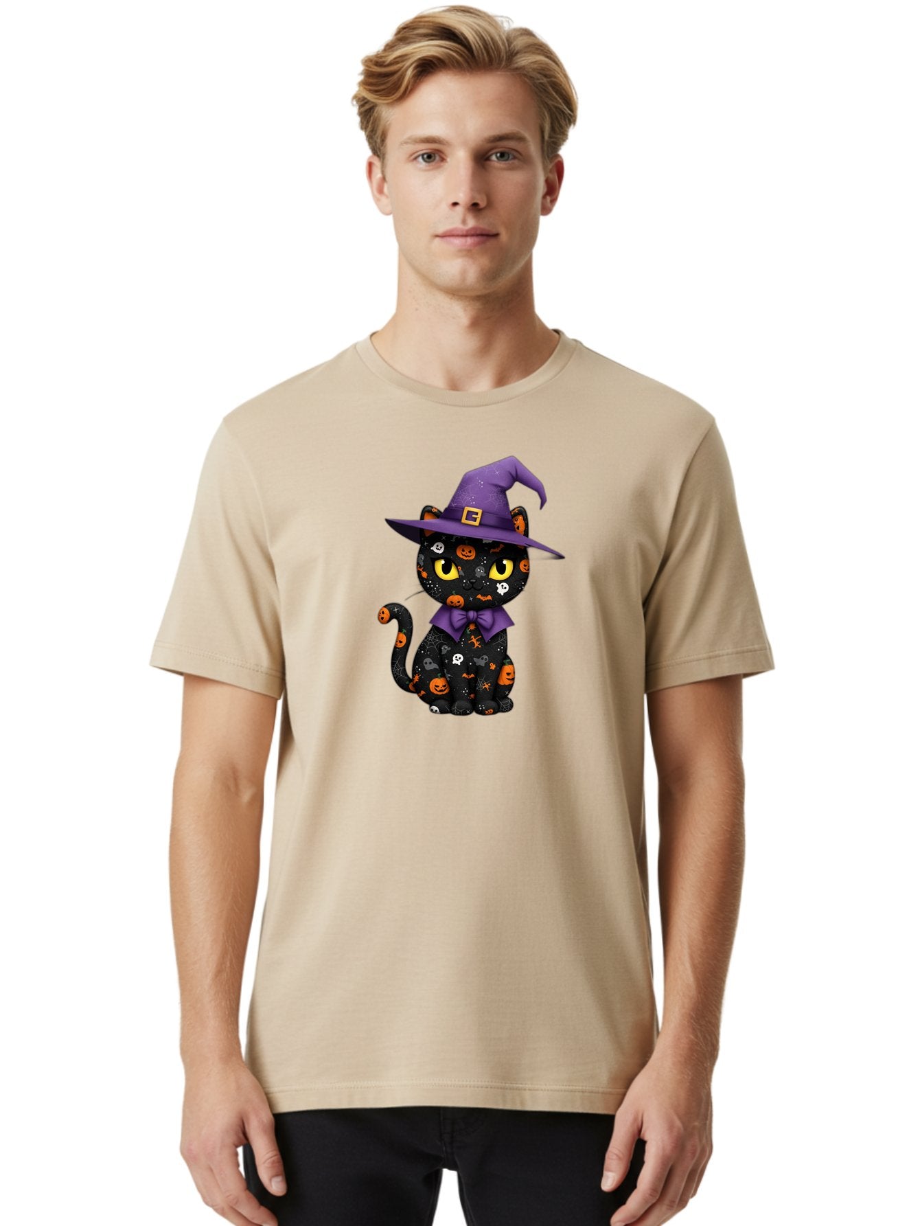 Halloween-Cat Men'S Graphic Tee, 100% Cotton, Comfortable Casual Summer Wear, Machine Washable, Black Cat With Halloween Design, Witch Hat, Purple Bow Tie, Halloween Decorations, Jack-O-Lanterns, Spooky Atmosphere, Halloween Theme, Bad176 25