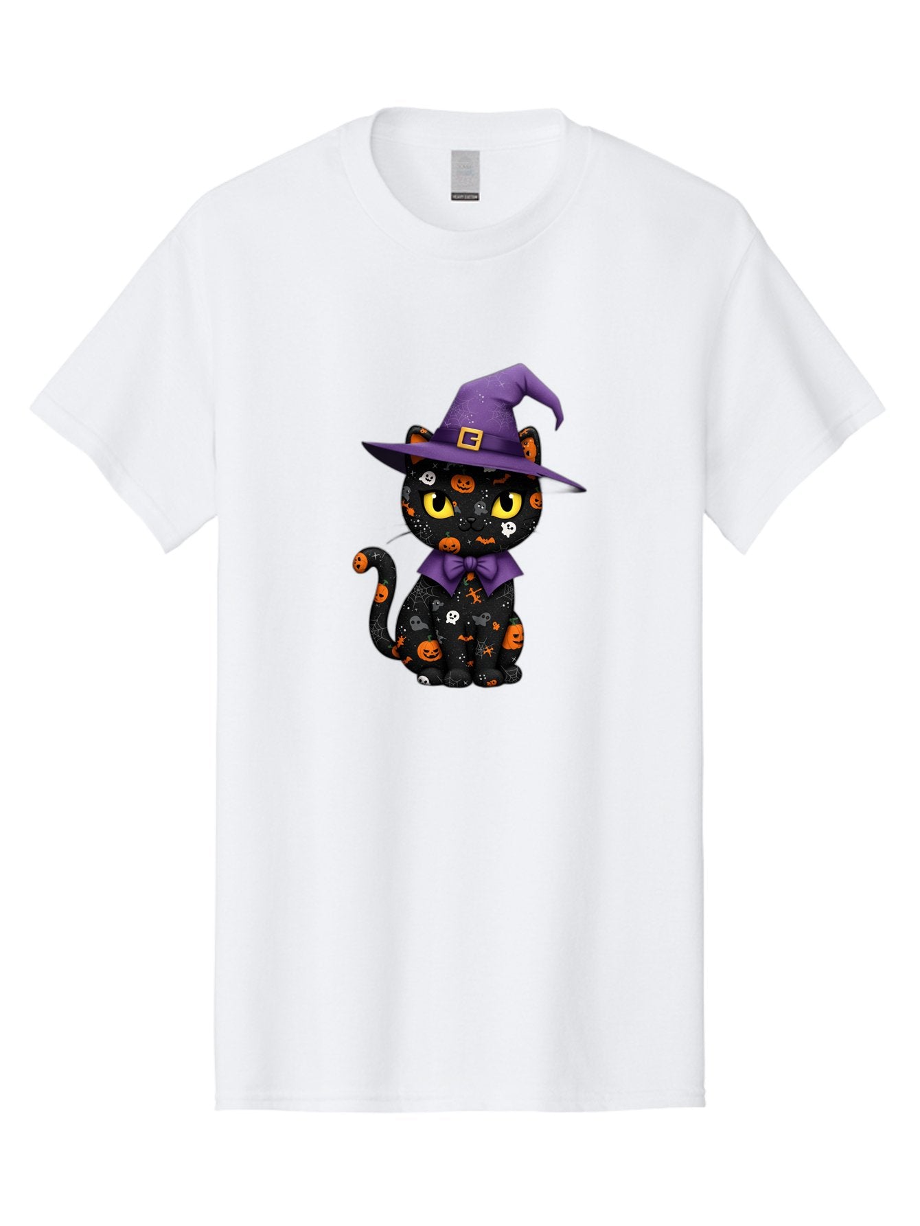 Halloween-Cat Men'S Graphic Tee, 100% Cotton, Comfortable Casual Summer Wear, Machine Washable, Black Cat With Halloween Design, Witch Hat, Purple Bow Tie, Halloween Decorations, Jack-O-Lanterns, Spooky Atmosphere, Halloween Theme, Bad176 11