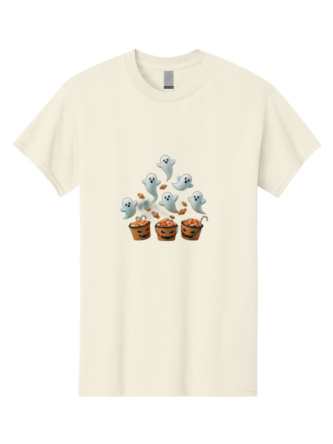 Halloween-Ghosts-With-Candy Men'S Graphic Tee, 100% Cotton, Comfortable Casual Summer Wear, Machine Washable, Halloween Ghosts, Spooky Scene, Trick Or Treat Buckets, Candy Treats, Playful Jack-O-Lanterns, Halloween Sweets, Bad177 3