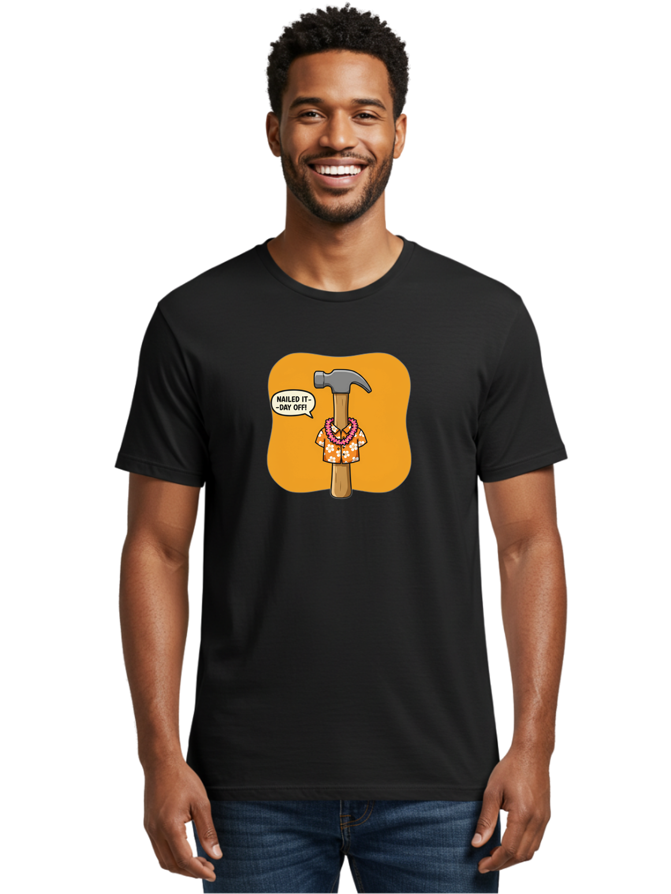 Hammer-In-Hawaiian-Shirt Men'S Graphic Tee, 100% Cotton, Comfortable Casual Summer Wear, Machine Washable, Funny Cartoon Hammer, Hawaiian Shirt, Leis, Humorous Expression, Nailed It-Day Off!, Cartoon Character, Comical Illustration, Bad180 27