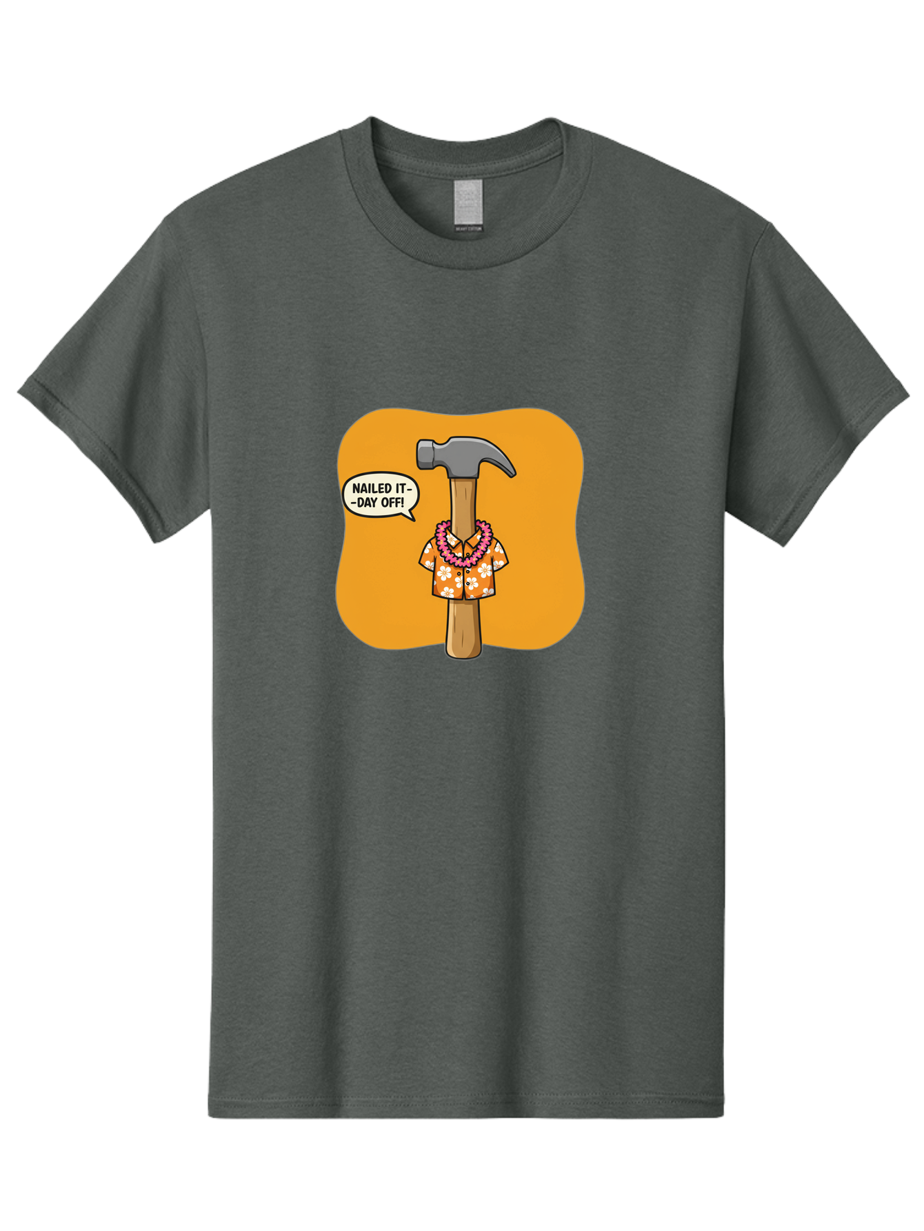 Hammer-In-Hawaiian-Shirt Men'S Graphic Tee, 100% Cotton, Comfortable Casual Summer Wear, Machine Washable, Funny Cartoon Hammer, Hawaiian Shirt, Leis, Humorous Expression, Nailed It-Day Off!, Cartoon Character, Comical Illustration, Bad180