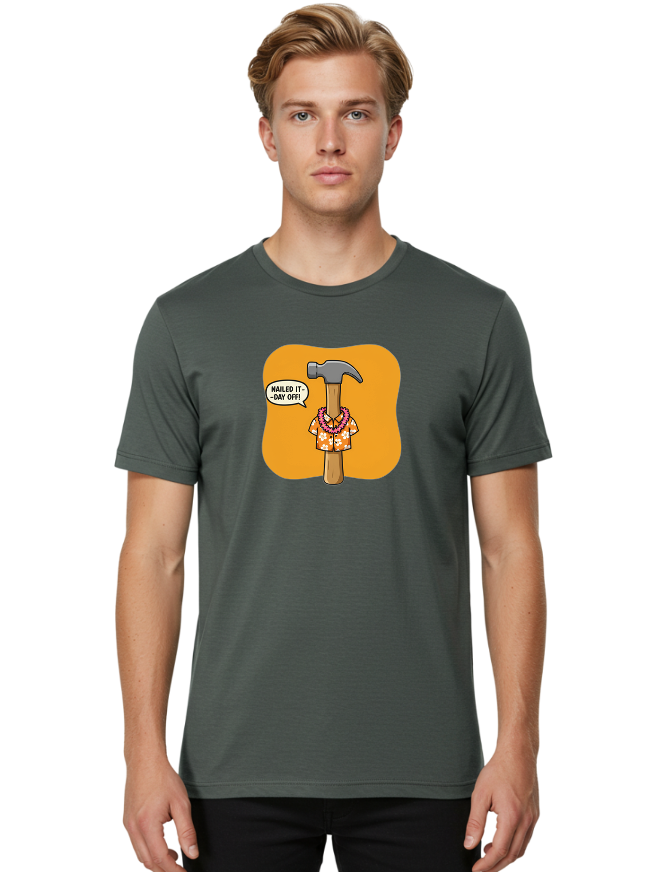 Hammer-In-Hawaiian-Shirt Men'S Graphic Tee, 100% Cotton, Comfortable Casual Summer Wear, Machine Washable, Funny Cartoon Hammer, Hawaiian Shirt, Leis, Humorous Expression, Nailed It-Day Off!, Cartoon Character, Comical Illustration, Bad180 17