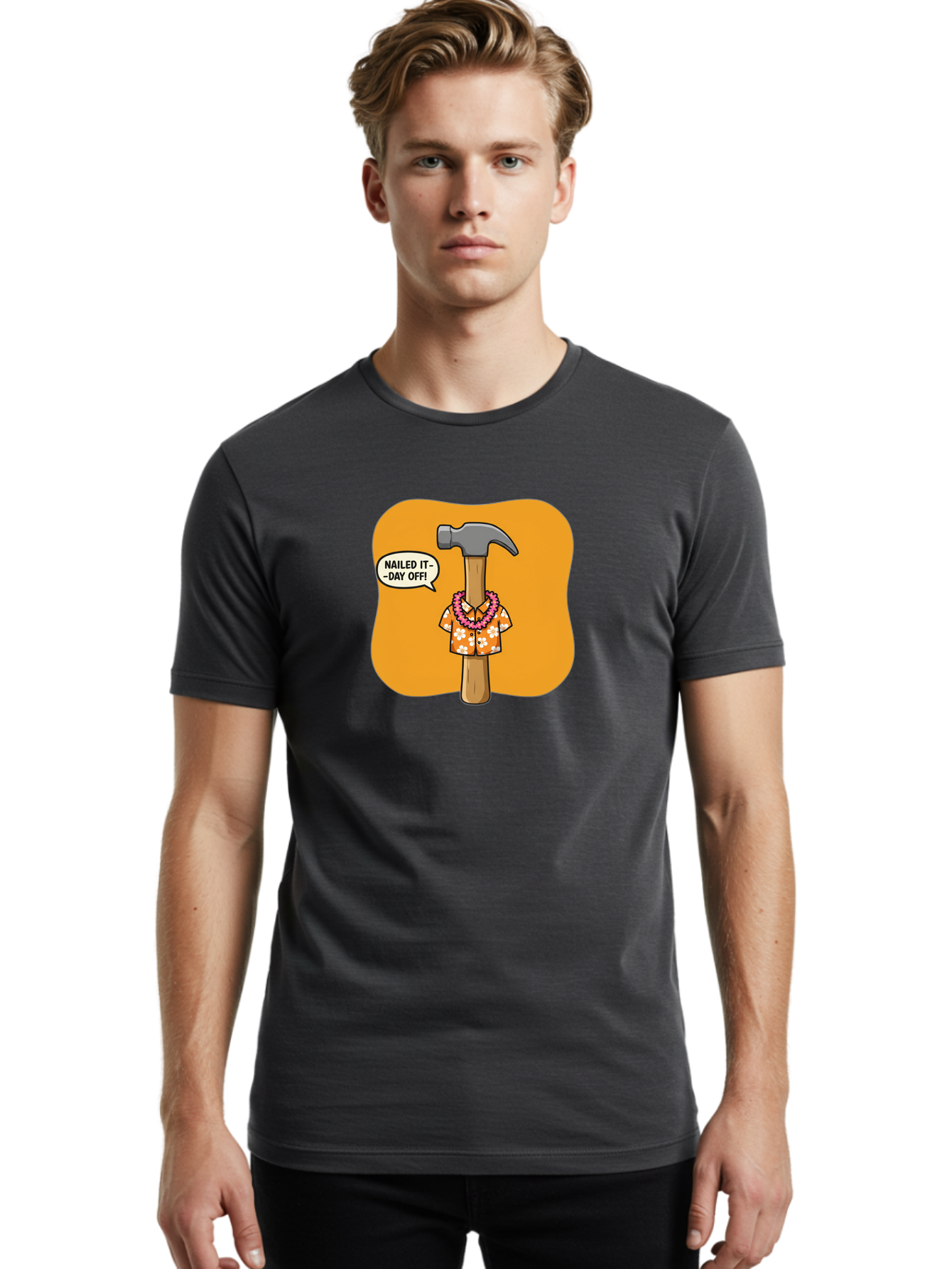 Hammer-In-Hawaiian-Shirt Men'S Graphic Tee, 100% Cotton, Comfortable Casual Summer Wear, Machine Washable, Funny Cartoon Hammer, Hawaiian Shirt, Leis, Humorous Expression, Nailed It-Day Off!, Cartoon Character, Comical Illustration, Bad180 29