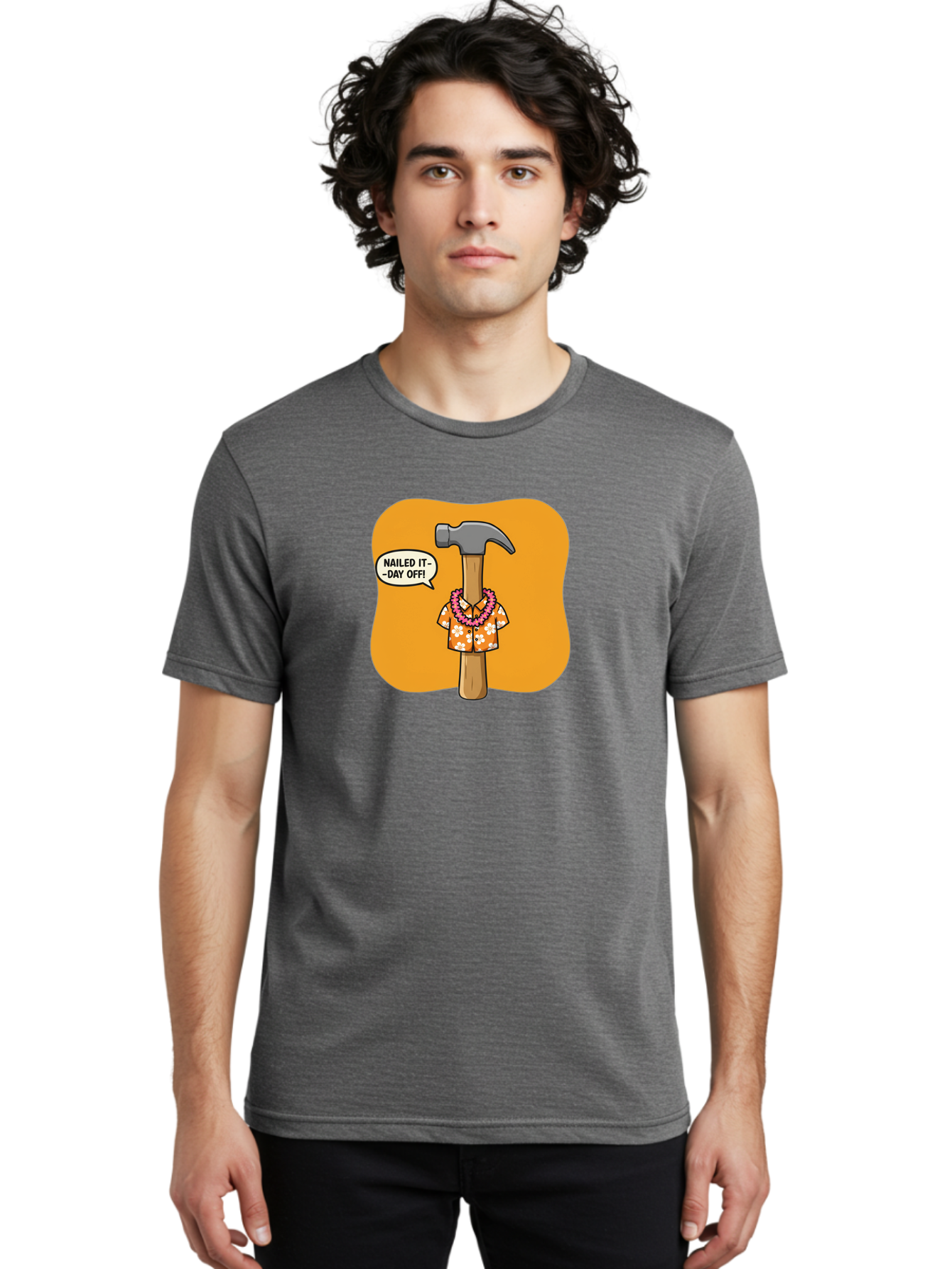 Hammer-In-Hawaiian-Shirt Men'S Graphic Tee, 100% Cotton, Comfortable Casual Summer Wear, Machine Washable, Funny Cartoon Hammer, Hawaiian Shirt, Leis, Humorous Expression, Nailed It-Day Off!, Cartoon Character, Comical Illustration, Bad180 16