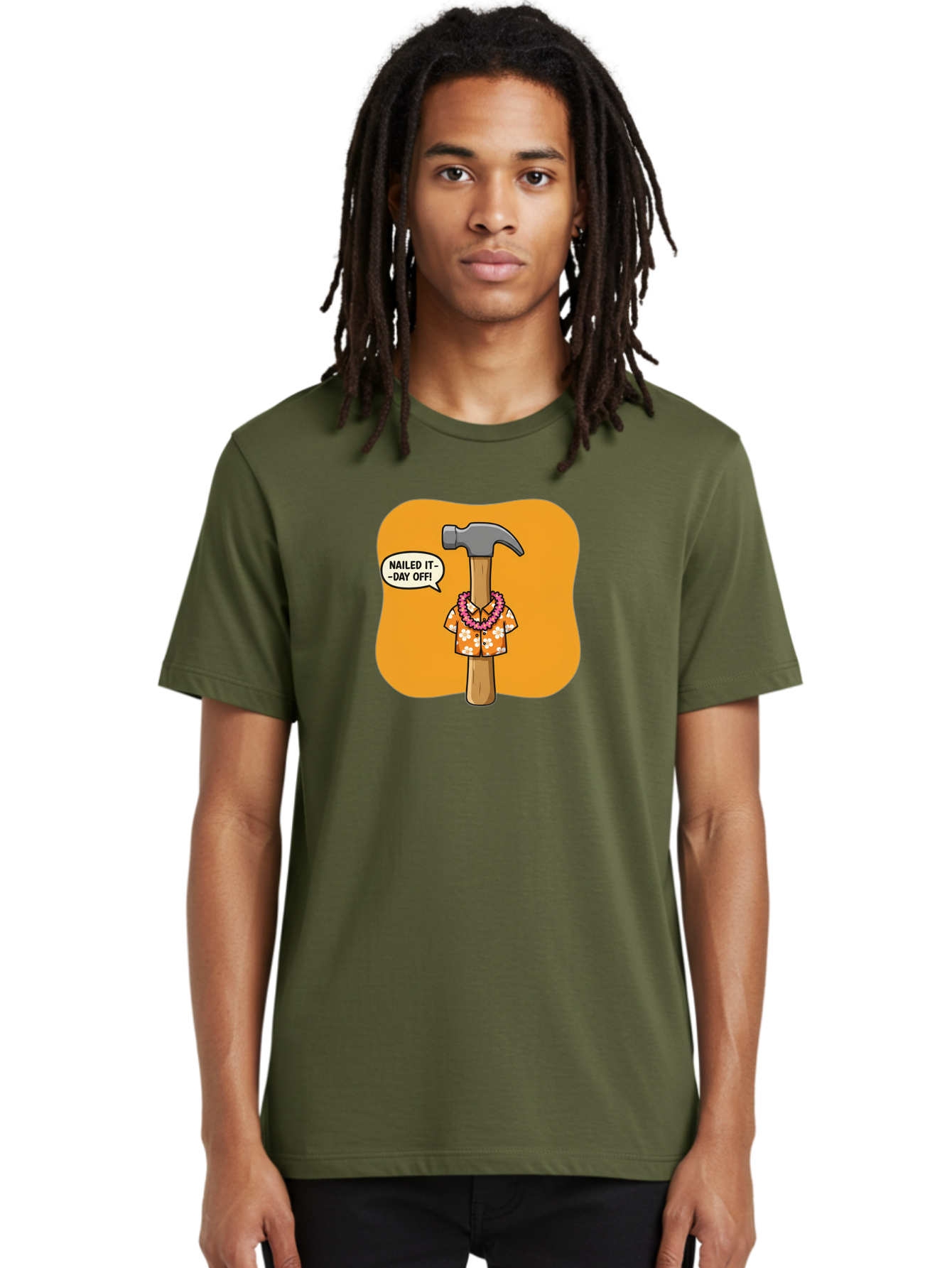 Hammer-In-Hawaiian-Shirt Men'S Graphic Tee, 100% Cotton, Comfortable Casual Summer Wear, Machine Washable, Funny Cartoon Hammer, Hawaiian Shirt, Leis, Humorous Expression, Nailed It-Day Off!, Cartoon Character, Comical Illustration, Bad180 24