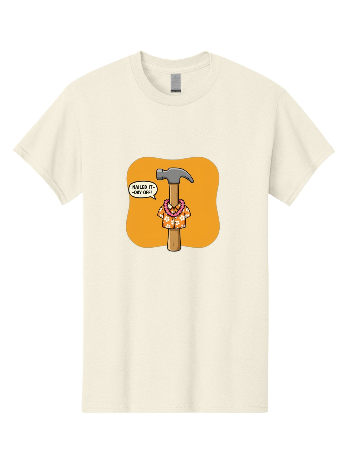 Hammer-In-Hawaiian-Shirt Men'S Graphic Tee, 100% Cotton, Comfortable Casual Summer Wear, Machine Washable, Funny Cartoon Hammer, Hawaiian Shirt, Leis, Humorous Expression, Nailed It-Day Off!, Cartoon Character, Comical Illustration, Bad180 12