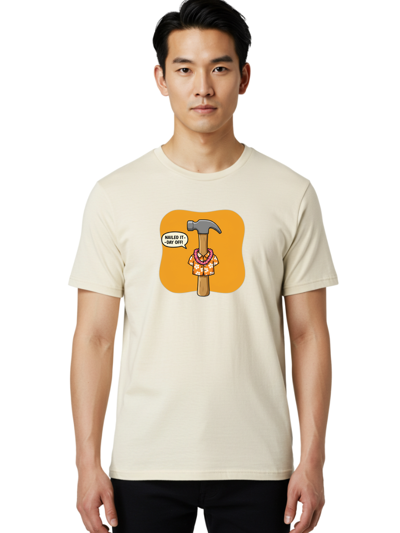 Hammer-In-Hawaiian-Shirt Men'S Graphic Tee, 100% Cotton, Comfortable Casual Summer Wear, Machine Washable, Funny Cartoon Hammer, Hawaiian Shirt, Leis, Humorous Expression, Nailed It-Day Off!, Cartoon Character, Comical Illustration, Bad180 18