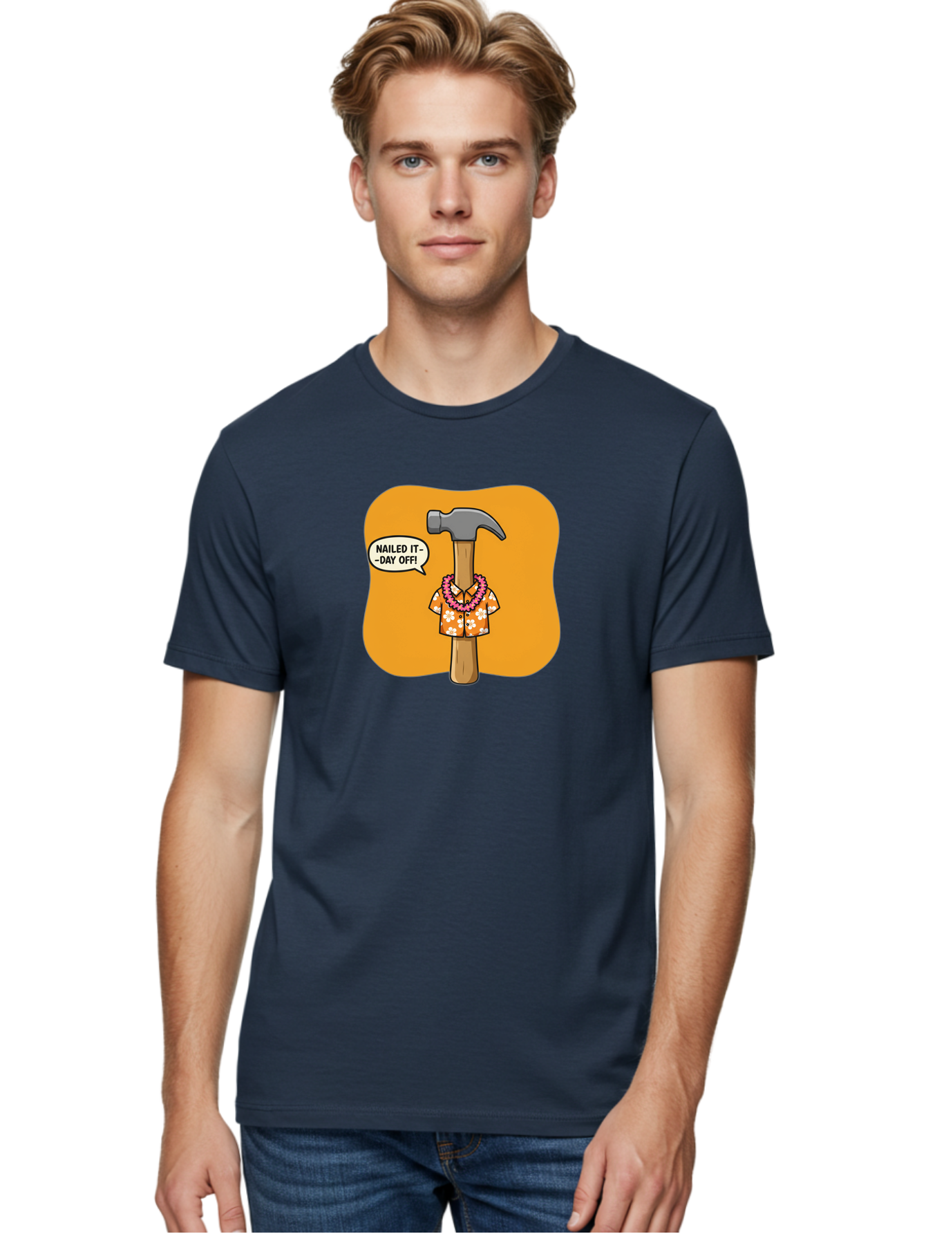 Hammer-In-Hawaiian-Shirt Men'S Graphic Tee, 100% Cotton, Comfortable Casual Summer Wear, Machine Washable, Funny Cartoon Hammer, Hawaiian Shirt, Leis, Humorous Expression, Nailed It-Day Off!, Cartoon Character, Comical Illustration, Bad180 20