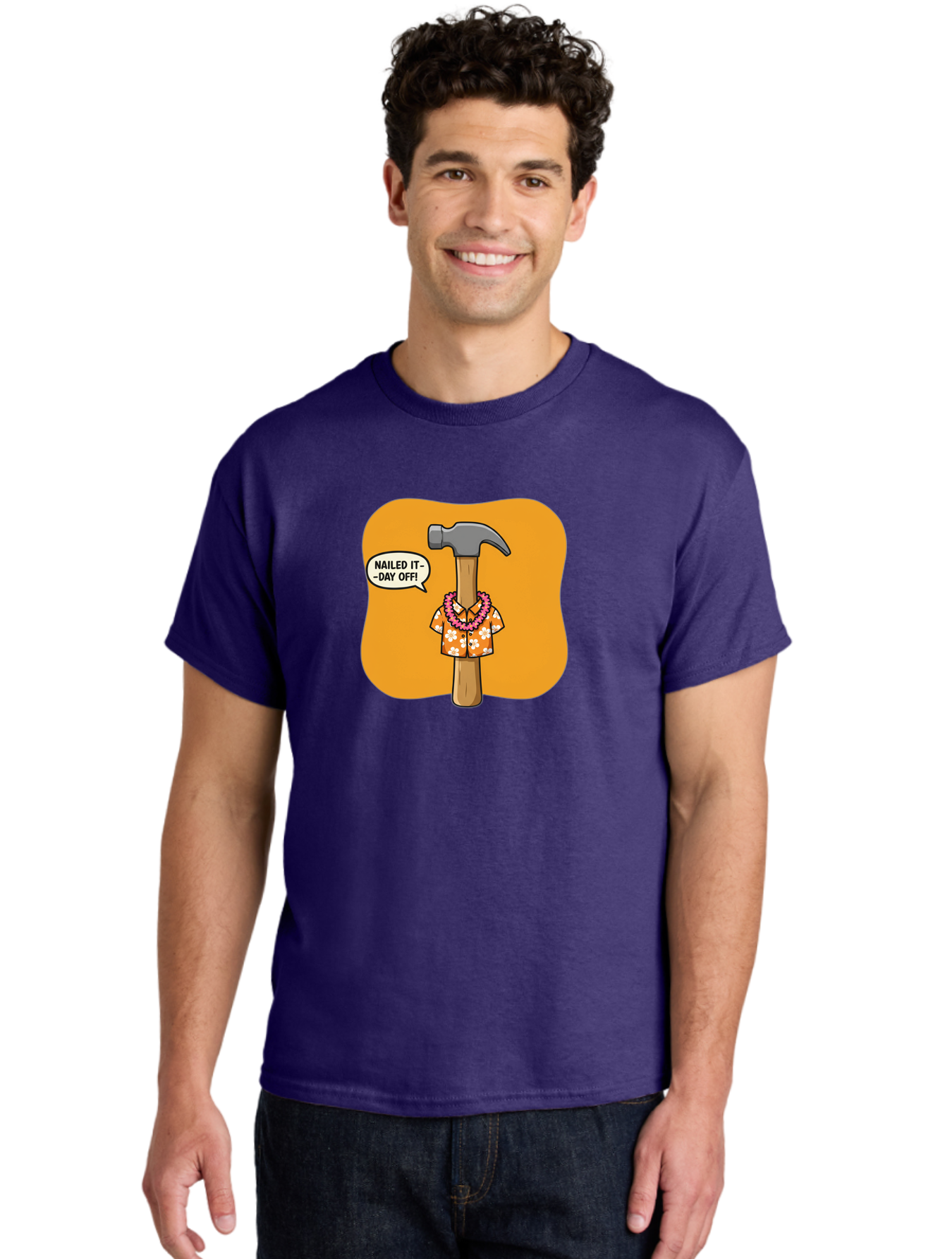 Hammer-In-Hawaiian-Shirt Men'S Graphic Tee, 100% Cotton, Comfortable Casual Summer Wear, Machine Washable, Funny Cartoon Hammer, Hawaiian Shirt, Leis, Humorous Expression, Nailed It-Day Off!, Cartoon Character, Comical Illustration, Bad180 26