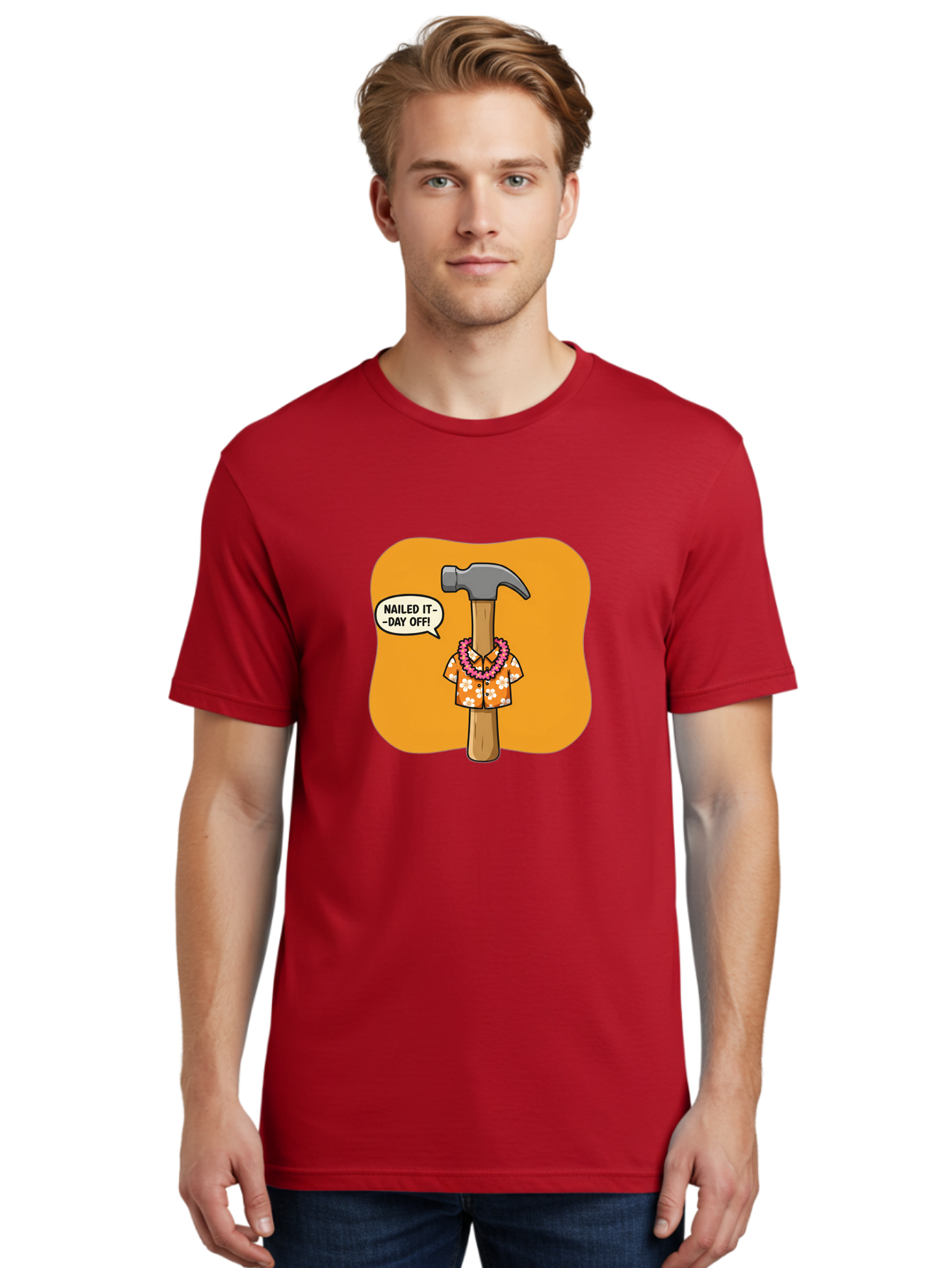 Hammer-In-Hawaiian-Shirt Men'S Graphic Tee, 100% Cotton, Comfortable Casual Summer Wear, Machine Washable, Funny Cartoon Hammer, Hawaiian Shirt, Leis, Humorous Expression, Nailed It-Day Off!, Cartoon Character, Comical Illustration, Bad180 28