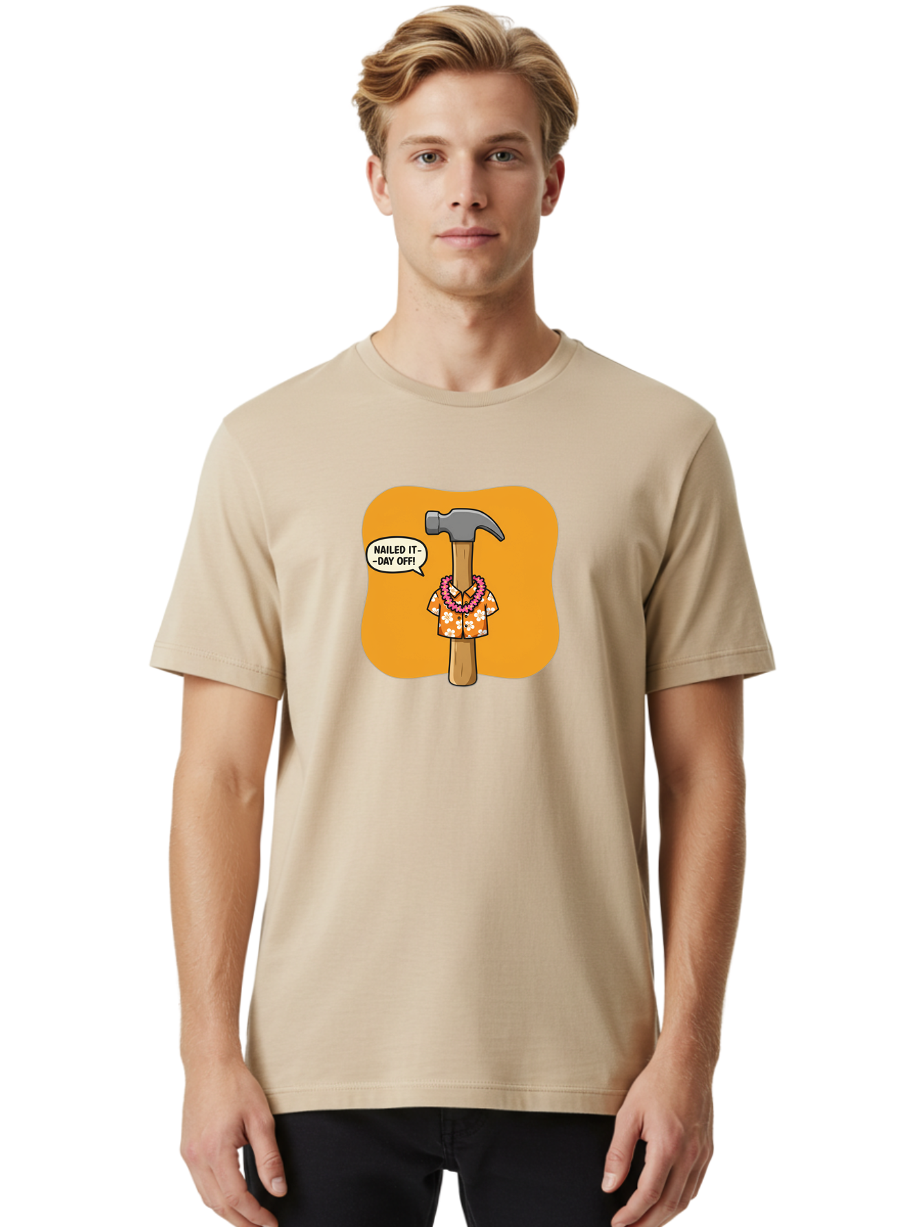 Hammer-In-Hawaiian-Shirt Men'S Graphic Tee, 100% Cotton, Comfortable Casual Summer Wear, Machine Washable, Funny Cartoon Hammer, Hawaiian Shirt, Leis, Humorous Expression, Nailed It-Day Off!, Cartoon Character, Comical Illustration, Bad180 19