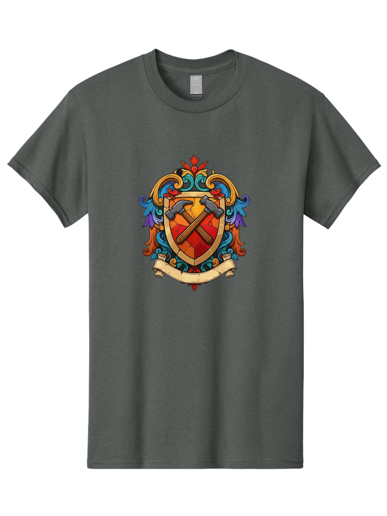 Hammer-Shield-Crest Men'S Graphic Tee, 100% Cotton, Comfortable Casual Summer Wear, Machine Washable, Crossed Hammers, Shield Crest, Ornate Design, Vintage Style, Carpentry Tools, Craftsmanship, Decorative Emblem, Symbolic Logo, Bad181 11