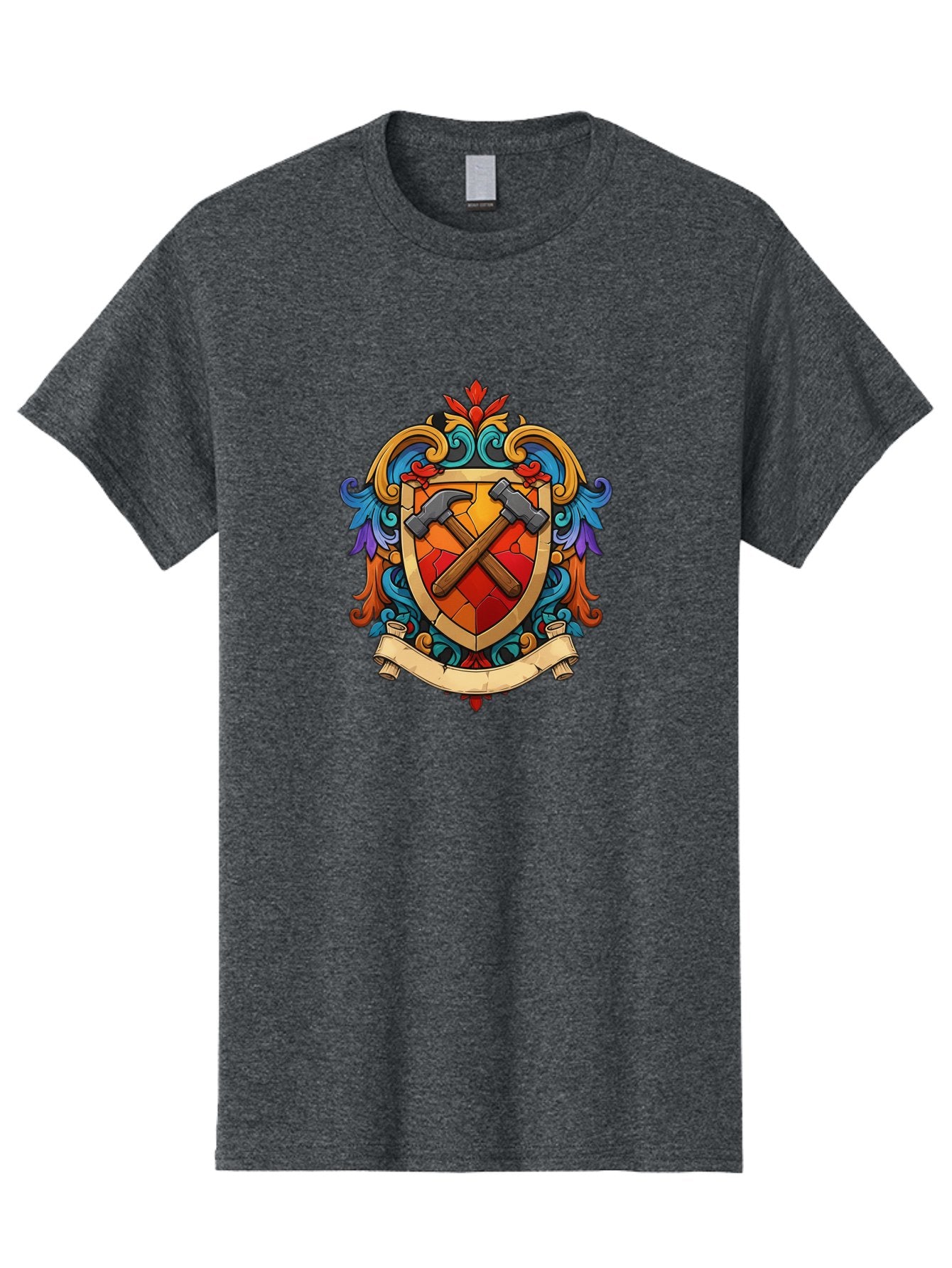Hammer-Shield-Crest Men'S Graphic Tee, 100% Cotton, Comfortable Casual Summer Wear, Machine Washable, Crossed Hammers, Shield Crest, Ornate Design, Vintage Style, Carpentry Tools, Craftsmanship, Decorative Emblem, Symbolic Logo, Bad181 14
