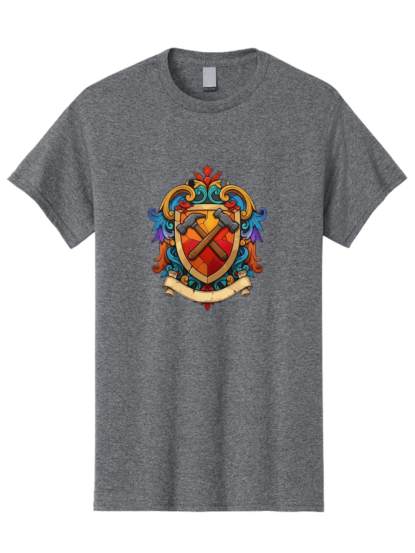 Hammer-Shield-Crest Men'S Graphic Tee, 100% Cotton, Comfortable Casual Summer Wear, Machine Washable, Crossed Hammers, Shield Crest, Ornate Design, Vintage Style, Carpentry Tools, Craftsmanship, Decorative Emblem, Symbolic Logo, Bad181 8
