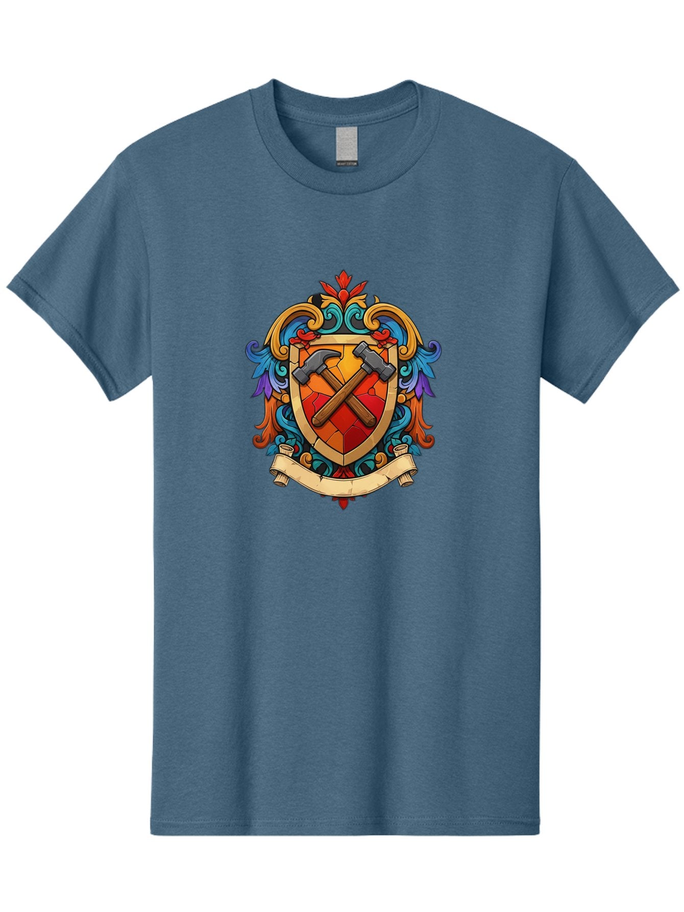 Hammer-Shield-Crest Men'S Graphic Tee, 100% Cotton, Comfortable Casual Summer Wear, Machine Washable, Crossed Hammers, Shield Crest, Ornate Design, Vintage Style, Carpentry Tools, Craftsmanship, Decorative Emblem, Symbolic Logo, Bad181 6