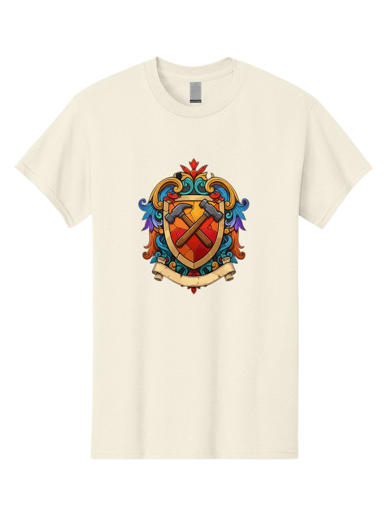 Hammer-Shield-Crest Men'S Graphic Tee, 100% Cotton, Comfortable Casual Summer Wear, Machine Washable, Crossed Hammers, Shield Crest, Ornate Design, Vintage Style, Carpentry Tools, Craftsmanship, Decorative Emblem, Symbolic Logo, Bad181