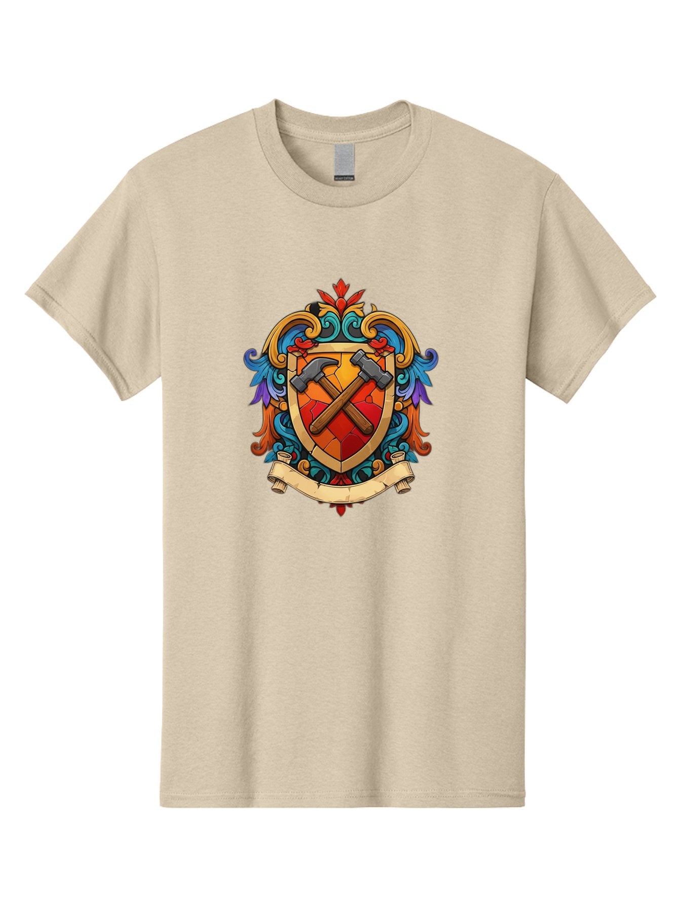Hammer-Shield-Crest Men'S Graphic Tee, 100% Cotton, Comfortable Casual Summer Wear, Machine Washable, Crossed Hammers, Shield Crest, Ornate Design, Vintage Style, Carpentry Tools, Craftsmanship, Decorative Emblem, Symbolic Logo, Bad181 5