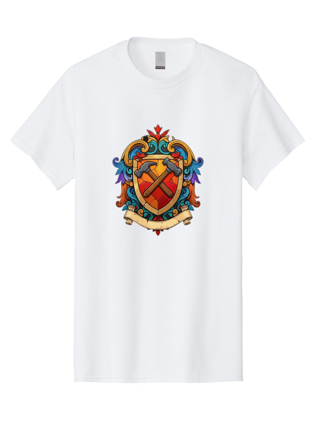 Hammer-Shield-Crest Men'S Graphic Tee, 100% Cotton, Comfortable Casual Summer Wear, Machine Washable, Crossed Hammers, Shield Crest, Ornate Design, Vintage Style, Carpentry Tools, Craftsmanship, Decorative Emblem, Symbolic Logo, Bad181 7