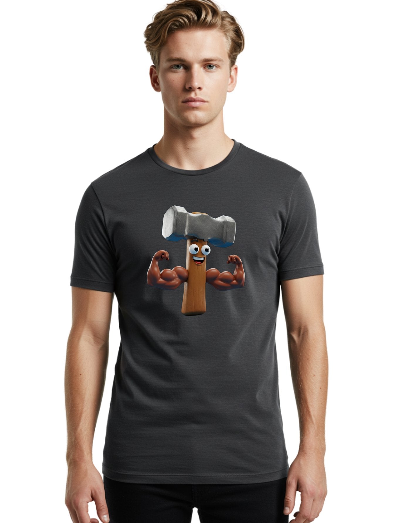 Hammer Men'S Graphic Tee, 100% Cotton, Comfortable Casual Summer Wear, Machine Washable, Cartoon Nail, Muscular Arms, Flexing Biceps, Funny Character, Hammer On Head, Playful Humor, Comical Pose, Anthropomorphic Object, Whimsical Design Bad182 25
