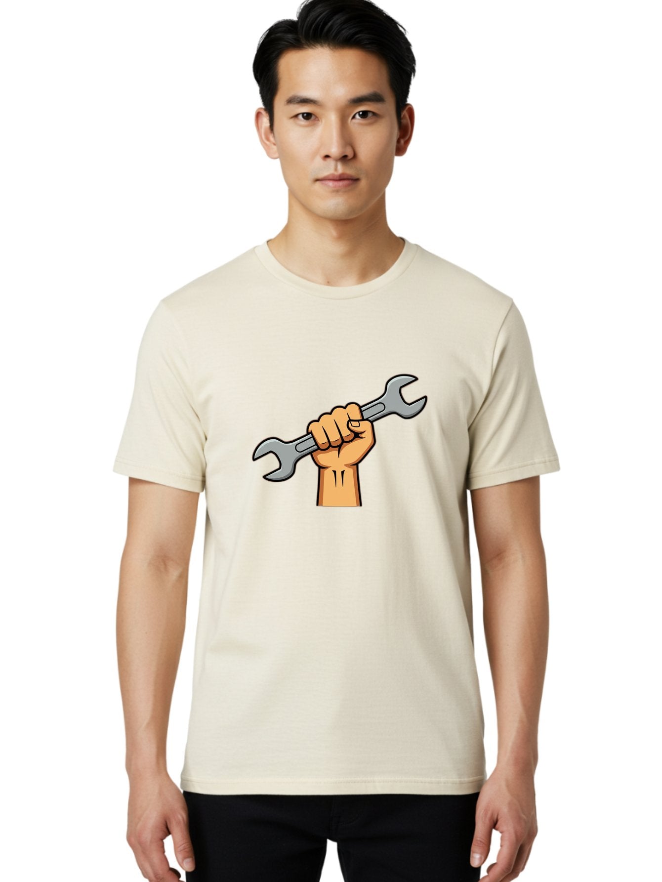 Hand-Holding-Spanner-1 Men'S Graphic Tee, 100% Cotton, Comfortable Casual Summer Wear, Machine Washable, Hand Holding Wrench, Adjustable Wrench, Hand Tool, Diy Repair, Handyman Tools, Repair Work, Maintenance Task, Mechanical Repair Bad183 24