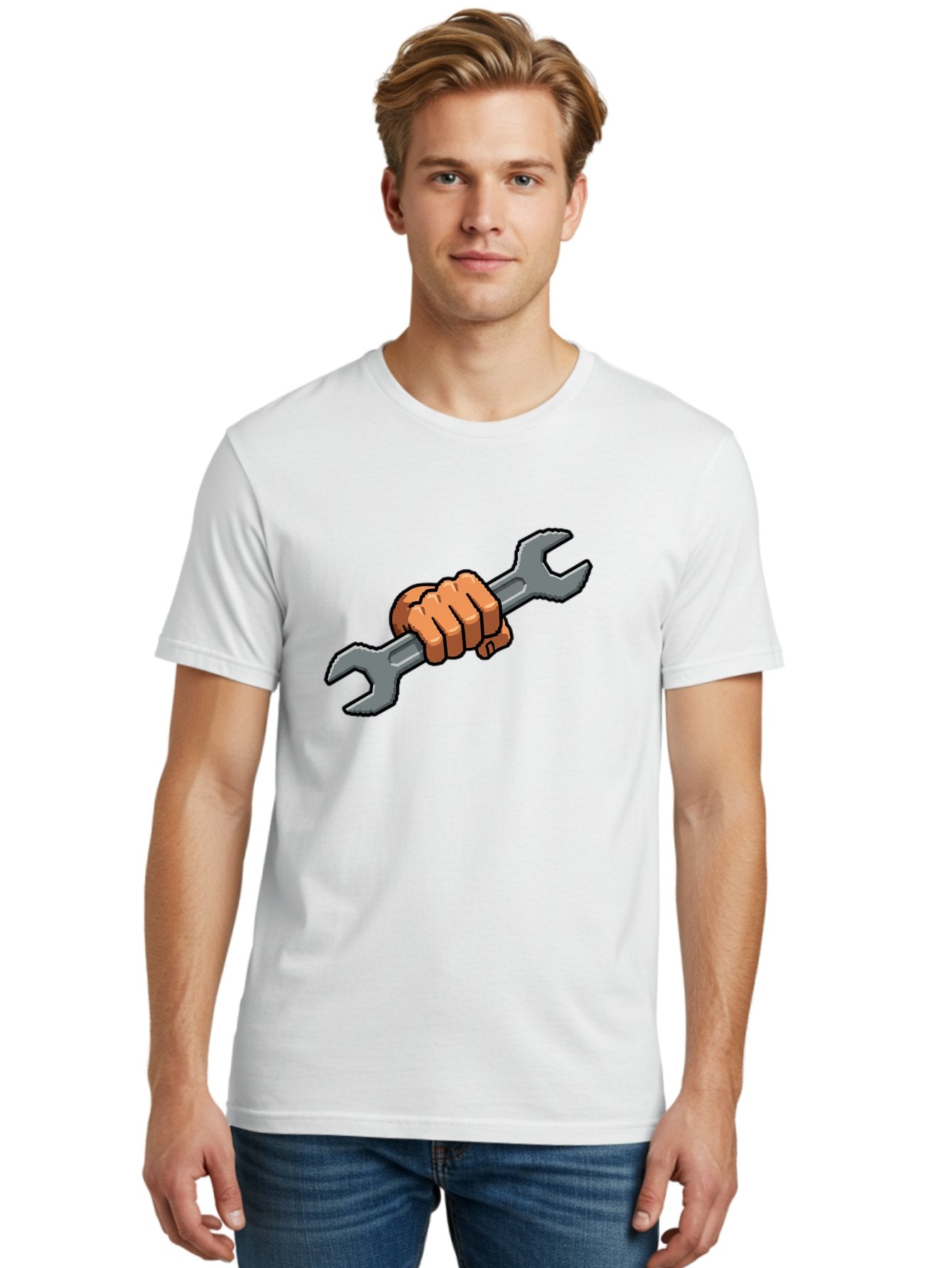 Hand-Holding-Wrench-1 Men'S Graphic Tee, 100% Cotton, Comfortable Casual Summer Wear, Machine Washable, Hand Holding Wrench, Adjustable Wrench, Repair Tool, Diy Symbol, Hand Grip, Tool Handle, Machinery Repair Bad185 25