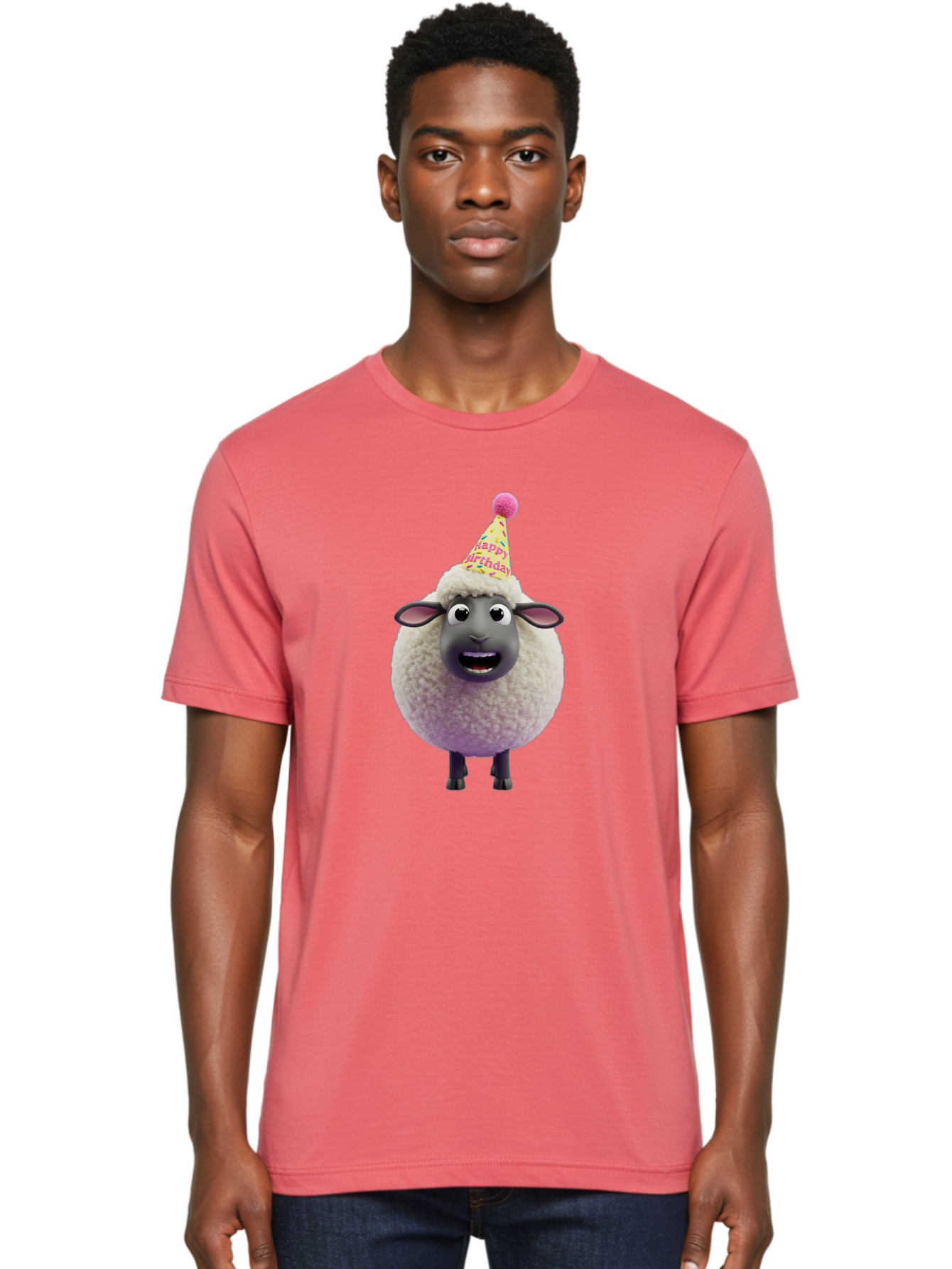 Happy-Birthday-Sheep Men'S Graphic Tee, 100% Cotton, Comfortable Casual Summer Wear, Machine Washable, Sheep In Party Hat, Happy Birthday, Cute Cartoon Character, Funny Animal, Celebration, Birthday Party, Fluffy Sheep, Cartoon Sheep, Bad189 29