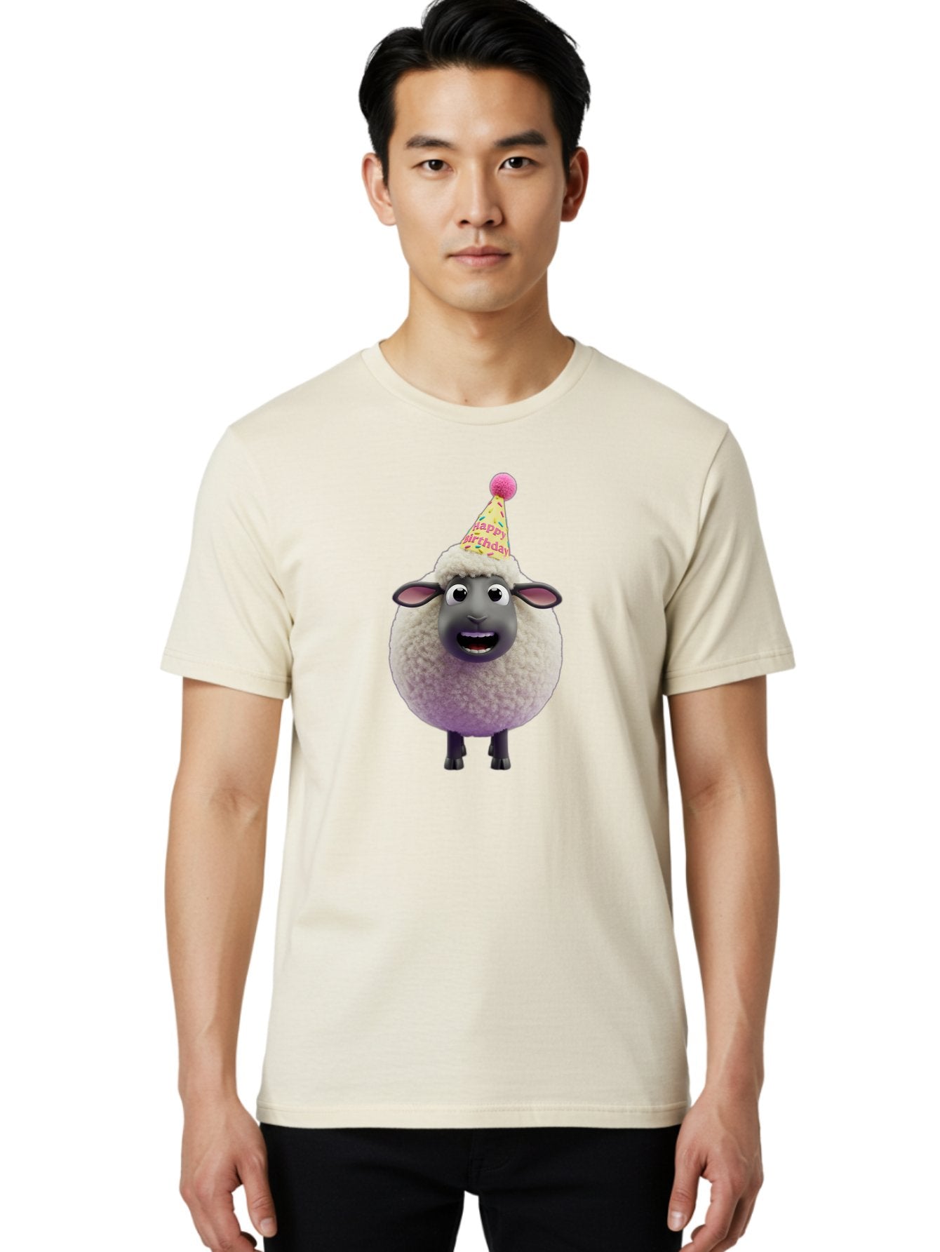 Happy-Birthday-Sheep Men'S Graphic Tee, 100% Cotton, Comfortable Casual Summer Wear, Machine Washable, Sheep In Party Hat, Happy Birthday, Cute Cartoon Character, Funny Animal, Celebration, Birthday Party, Fluffy Sheep, Cartoon Sheep, Bad189 29