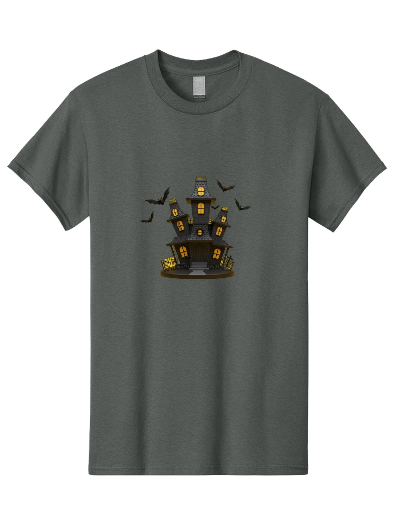 Haunted-Mansion Men'S Graphic Tee, 100% Cotton, Comfortable Casual Summer Wear, Machine Washable, Haunted House, Spooky Mansion, Halloween Decorations, Dark Brown House, Yellow Windows, Ghostly Bats, Eerie Atmosphere, Creepy Decor, Bad193 15