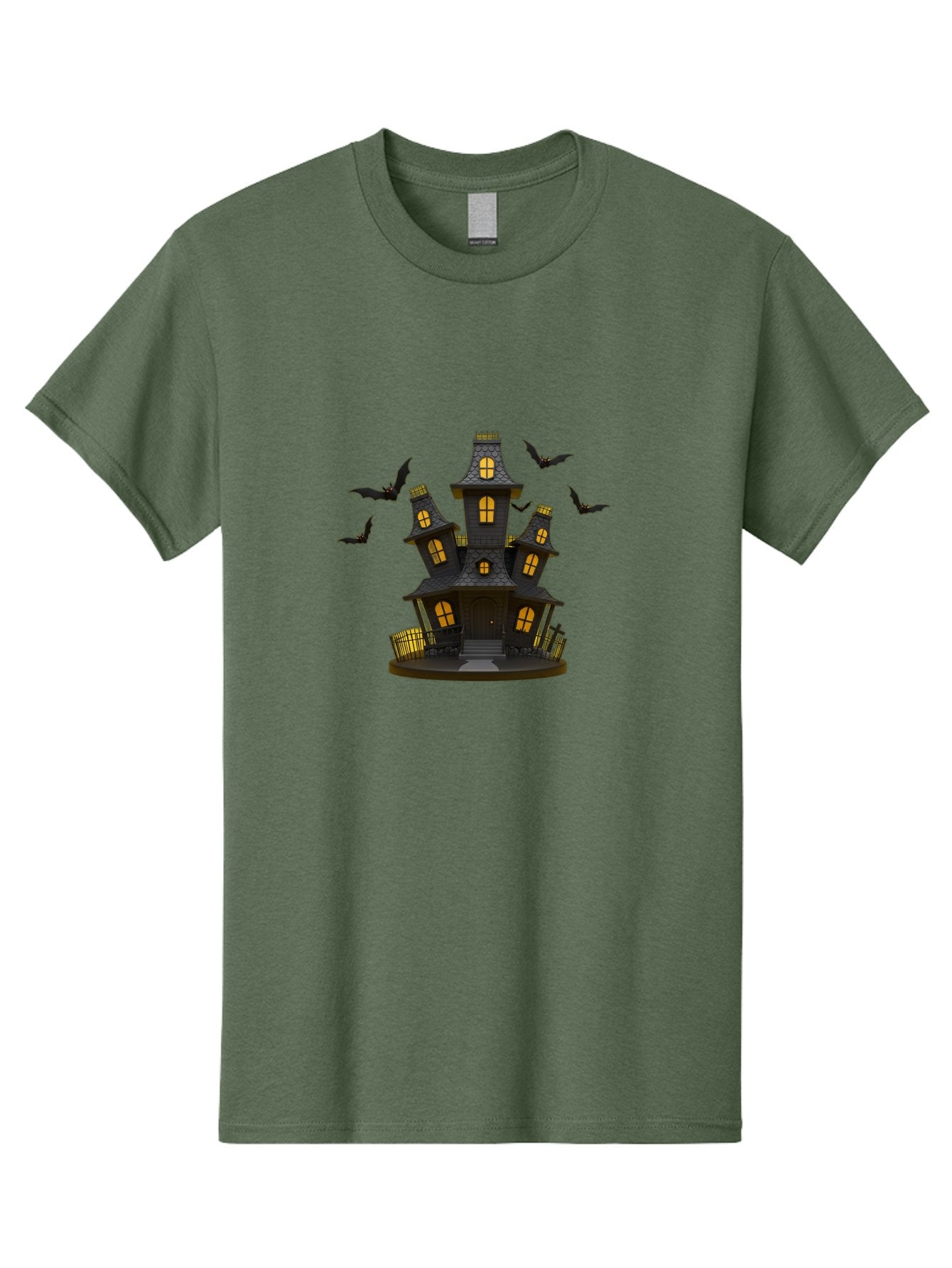 Haunted-Mansion Men'S Graphic Tee, 100% Cotton, Comfortable Casual Summer Wear, Machine Washable, Haunted House, Spooky Mansion, Halloween Decorations, Dark Brown House, Yellow Windows, Ghostly Bats, Eerie Atmosphere, Creepy Decor, Bad193 4