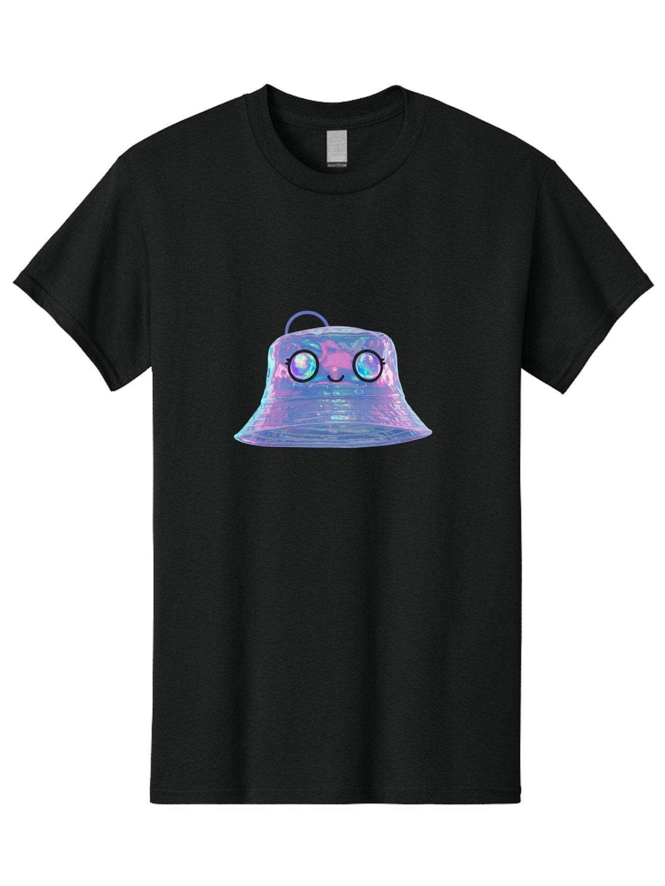 Holographic-Bell Men'S Graphic Tee, 100% Cotton, Comfortable Casual Summer Wear, Machine Washable, Iridescent Bell, Holographic Sheen, Kawaii Character, Cartoon-Style Eyes, Happy Face, Shiny Appearance, Purple And Blue Hues, Bad198 9