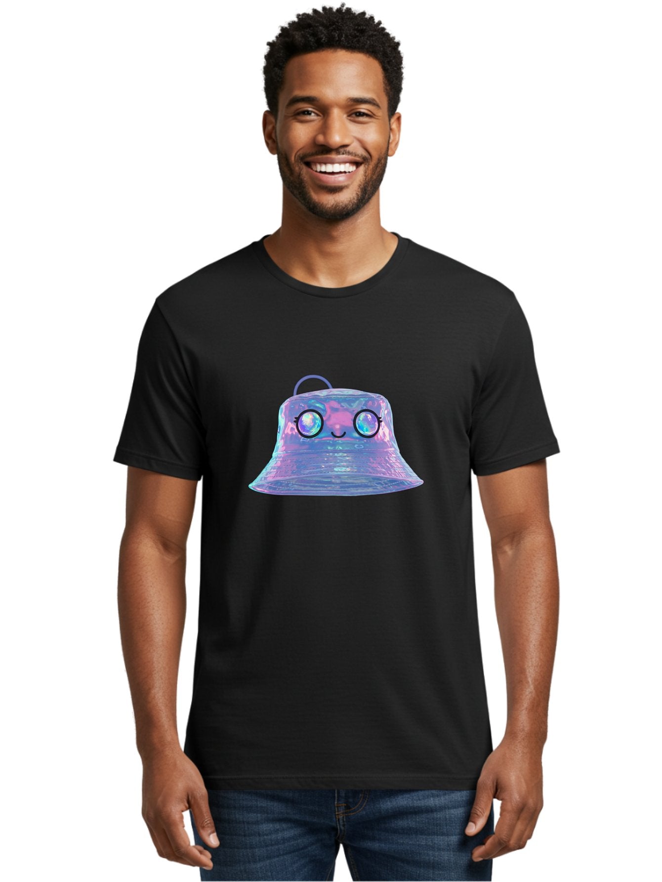 Holographic-Bell Men'S Graphic Tee, 100% Cotton, Comfortable Casual Summer Wear, Machine Washable, Iridescent Bell, Holographic Sheen, Kawaii Character, Cartoon-Style Eyes, Happy Face, Shiny Appearance, Purple And Blue Hues, Bad198 26