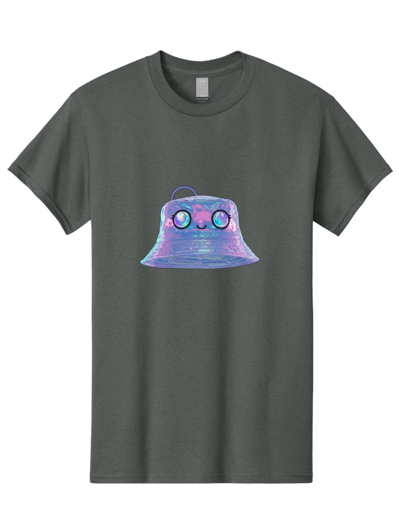 Holographic-Bell Men'S Graphic Tee, 100% Cotton, Comfortable Casual Summer Wear, Machine Washable, Iridescent Bell, Holographic Sheen, Kawaii Character, Cartoon-Style Eyes, Happy Face, Shiny Appearance, Purple And Blue Hues, Bad198 5