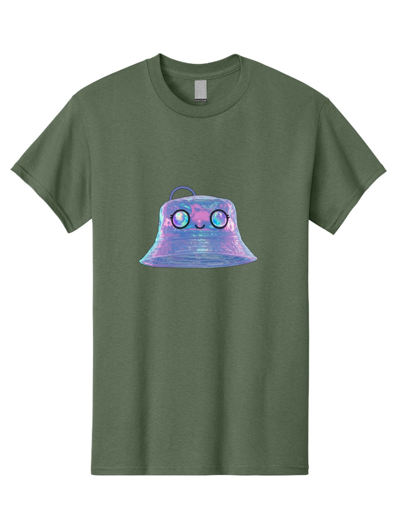 Holographic-Bell Men'S Graphic Tee, 100% Cotton, Comfortable Casual Summer Wear, Machine Washable, Iridescent Bell, Holographic Sheen, Kawaii Character, Cartoon-Style Eyes, Happy Face, Shiny Appearance, Purple And Blue Hues, Bad198 14