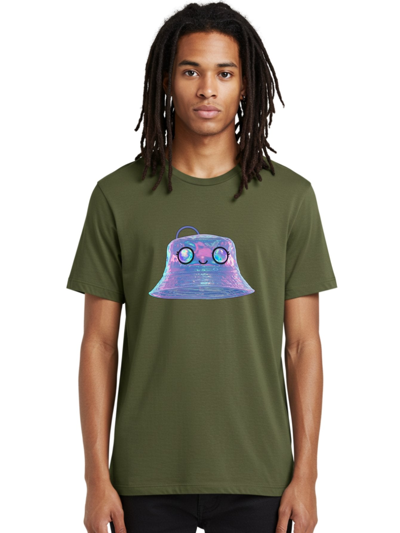 Holographic-Bell Men'S Graphic Tee, 100% Cotton, Comfortable Casual Summer Wear, Machine Washable, Iridescent Bell, Holographic Sheen, Kawaii Character, Cartoon-Style Eyes, Happy Face, Shiny Appearance, Purple And Blue Hues, Bad198 29