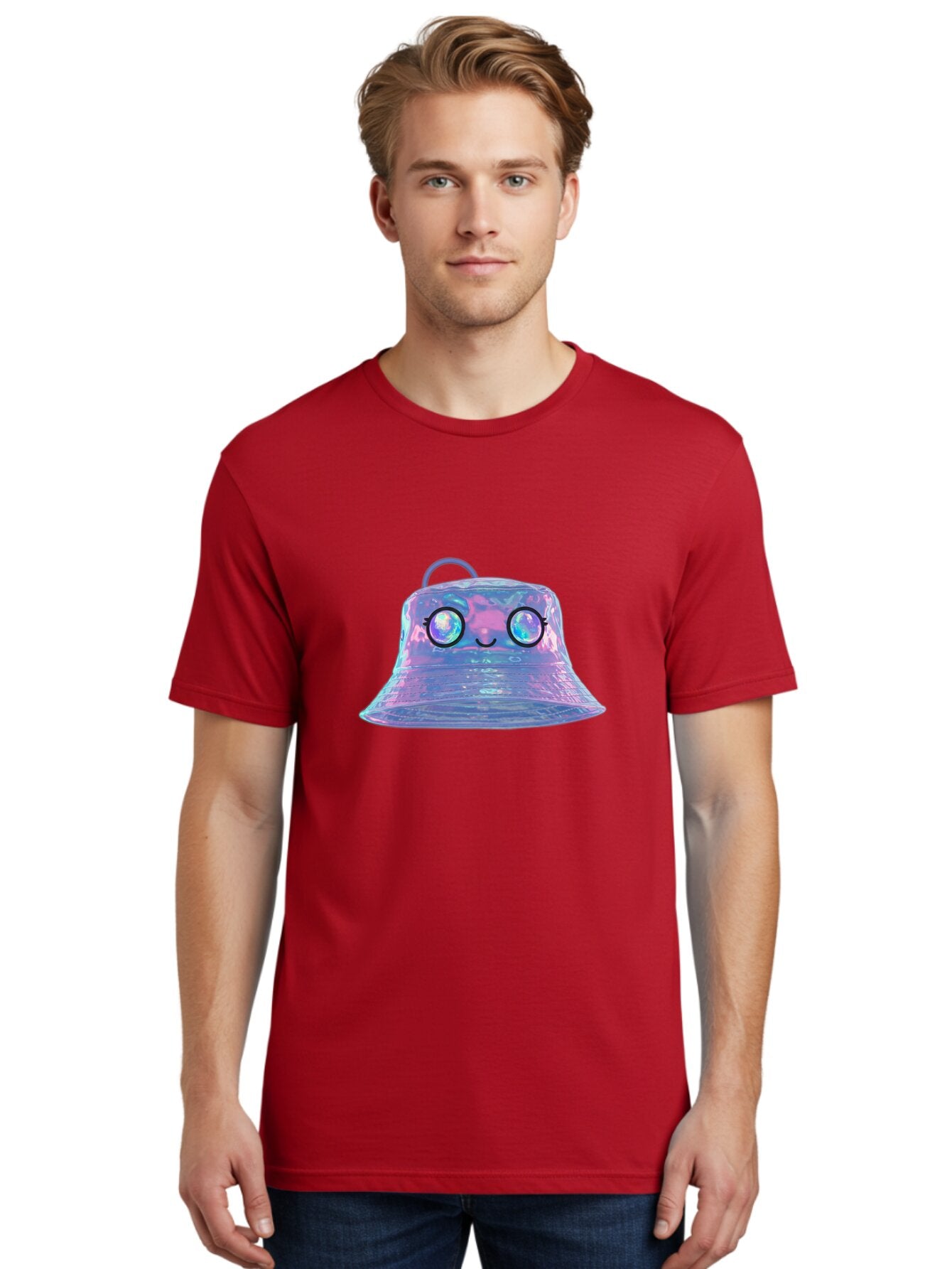 Holographic-Bell Men'S Graphic Tee, 100% Cotton, Comfortable Casual Summer Wear, Machine Washable, Iridescent Bell, Holographic Sheen, Kawaii Character, Cartoon-Style Eyes, Happy Face, Shiny Appearance, Purple And Blue Hues, Bad198 24