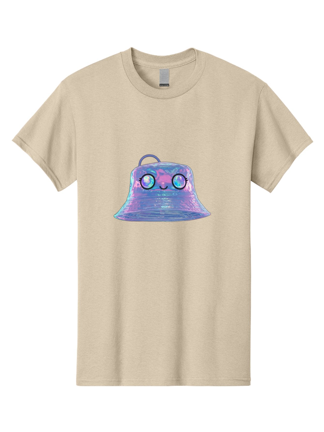 Holographic-Bell Men'S Graphic Tee, 100% Cotton, Comfortable Casual Summer Wear, Machine Washable, Iridescent Bell, Holographic Sheen, Kawaii Character, Cartoon-Style Eyes, Happy Face, Shiny Appearance, Purple And Blue Hues, Bad198 7