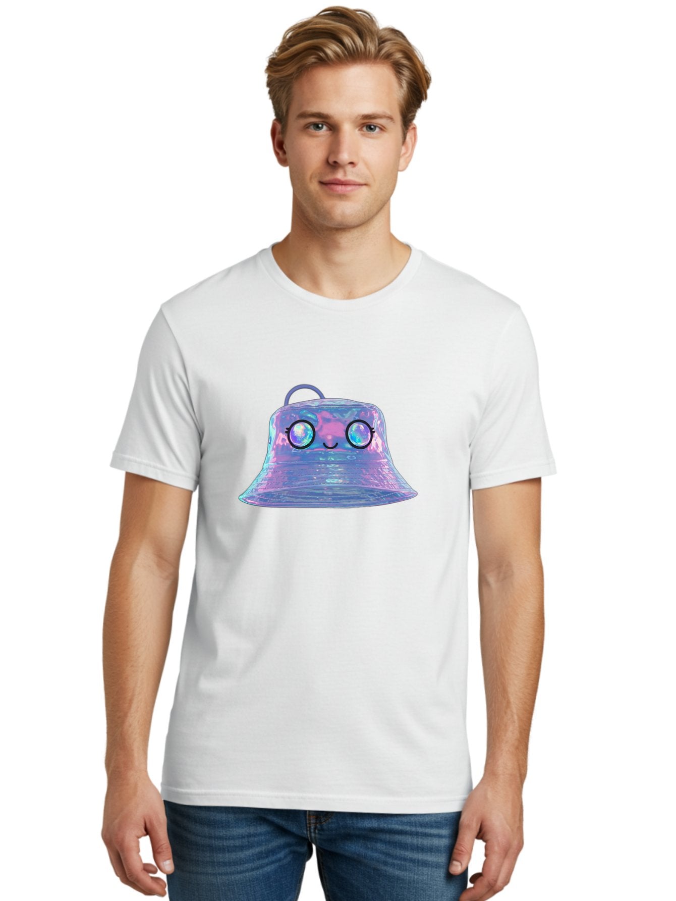 Holographic-Bell Men'S Graphic Tee, 100% Cotton, Comfortable Casual Summer Wear, Machine Washable, Iridescent Bell, Holographic Sheen, Kawaii Character, Cartoon-Style Eyes, Happy Face, Shiny Appearance, Purple And Blue Hues, Bad198 28