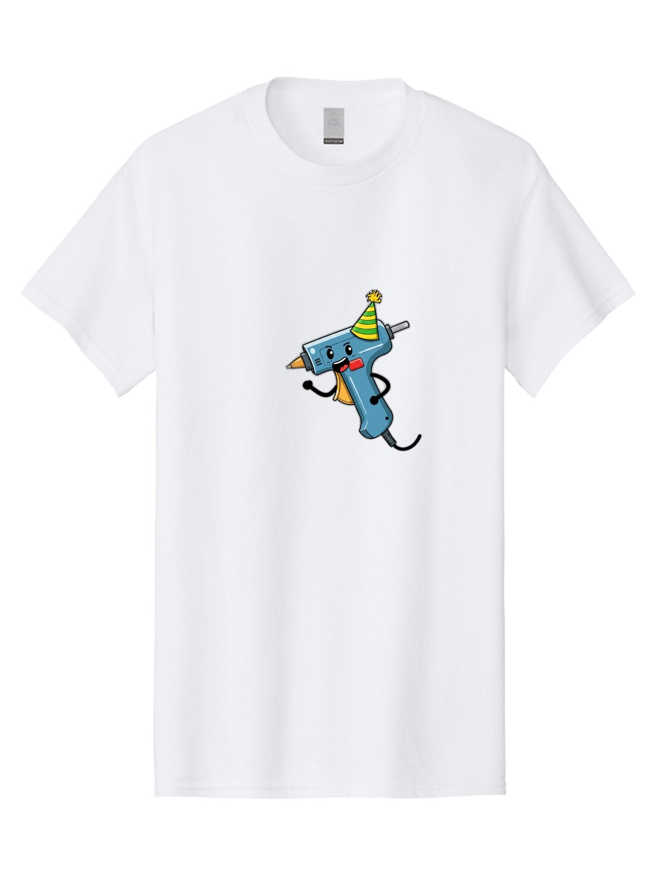 Hot-Glue-Gun Men'S Graphic Tee, 100% Cotton, Comfortable Casual Summer Wear, Machine Washable, Hot Glue Gun Character, Party Hat, Cartoon Style, Happy Expression, Crafting Tool, Diy Accessory, Arts And Crafts Bad201 13