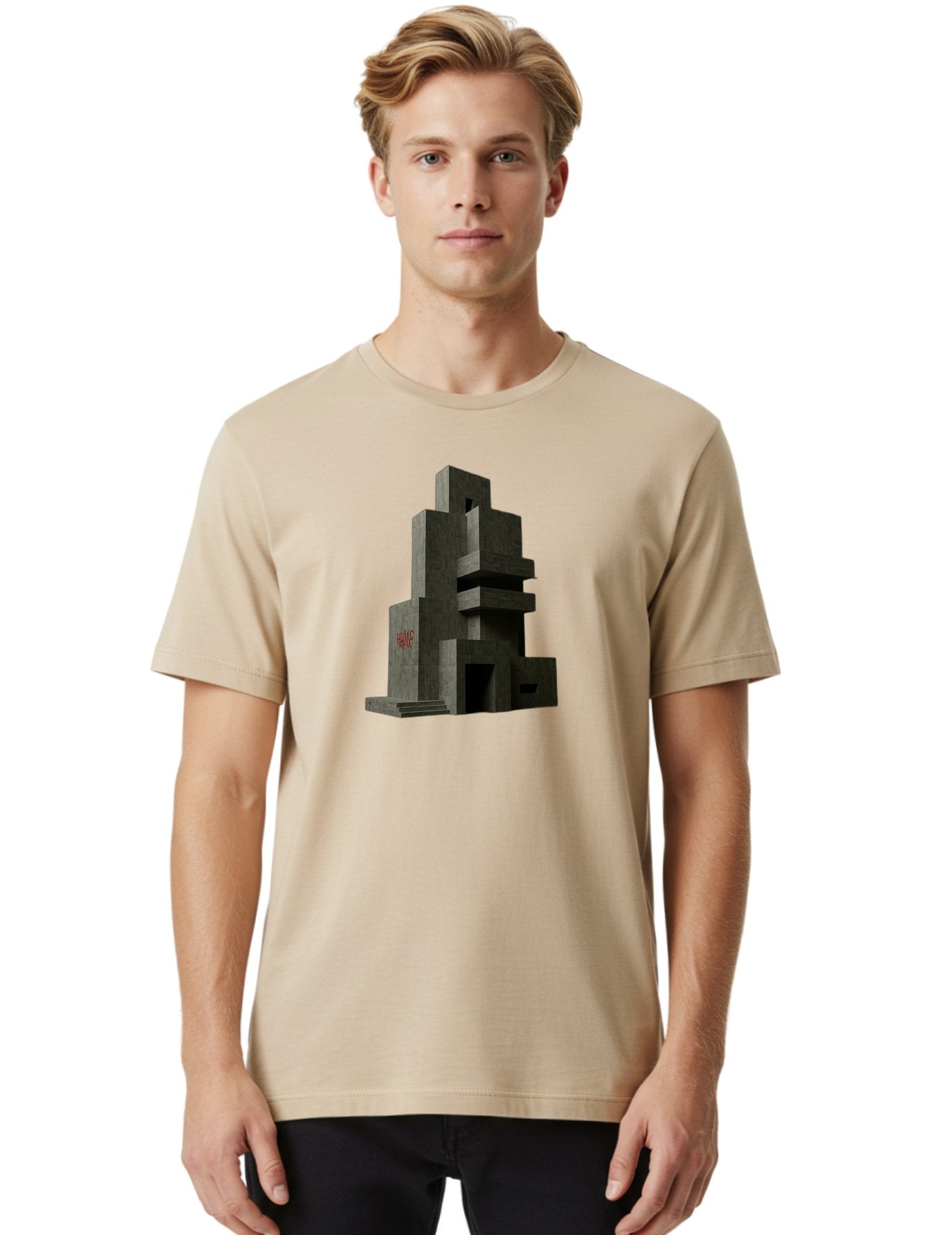 House Men'S Graphic Tee, 100% Cotton, Comfortable Casual Summer Wear, Machine Washable, Futuristic Architecture, Dark Gray Building, Abstract Design, Modern Style, Geometric Shapes, Red Signage, Avant-Garde, Sleek Lines, Concrete Texture Bad202 25
