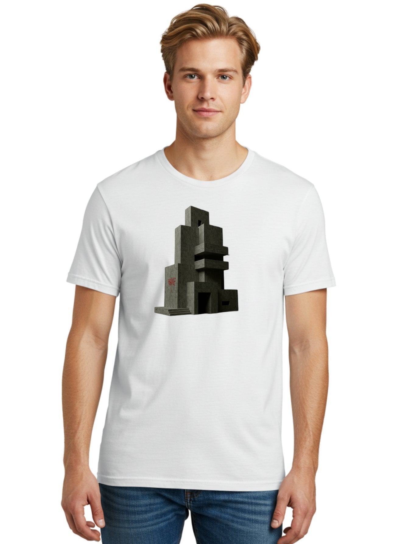 House Men'S Graphic Tee, 100% Cotton, Comfortable Casual Summer Wear, Machine Washable, Futuristic Architecture, Dark Gray Building, Abstract Design, Modern Style, Geometric Shapes, Red Signage, Avant-Garde, Sleek Lines, Concrete Texture Bad202 19