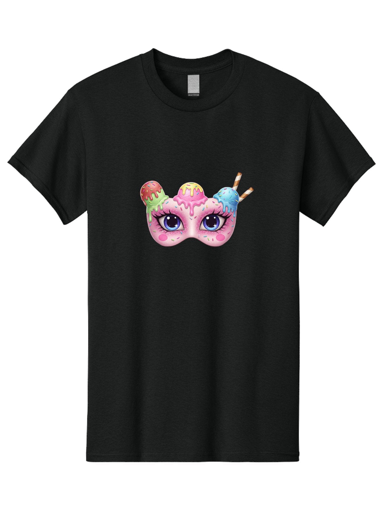 Ice-Cream-Mask Men'S Graphic Tee, 100% Cotton, Comfortable Casual Summer Wear, Machine Washable, Ice Cream Mask, Masquerade Ball, Pastel Colors, Blue Eyes, Candy Decorations, Sprinkles, Dripping Glaze, Whimsical Design, Cartoon Style, Bad206 3