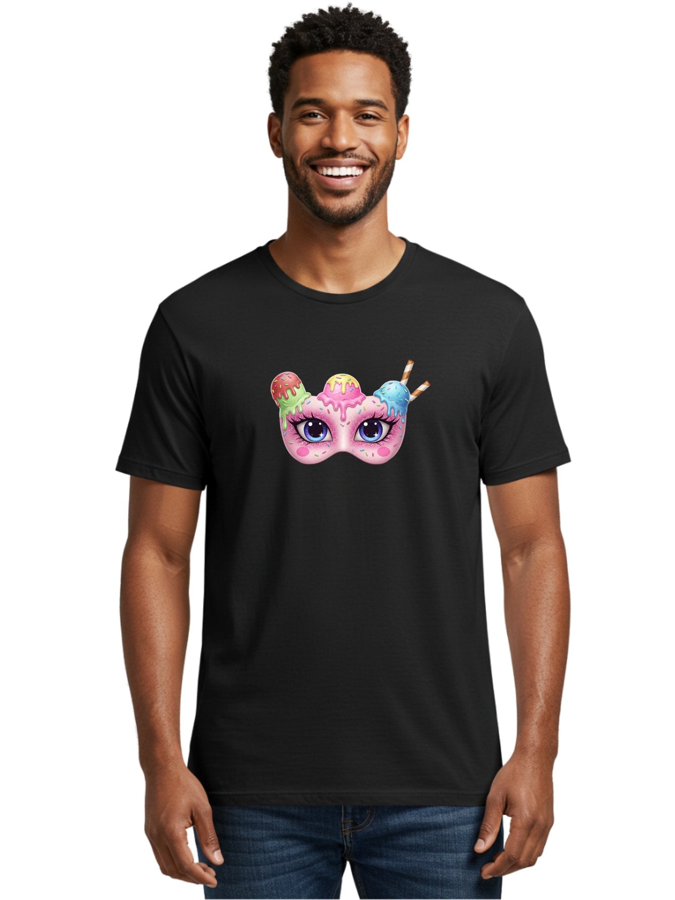 Ice-Cream-Mask Men'S Graphic Tee, 100% Cotton, Comfortable Casual Summer Wear, Machine Washable, Ice Cream Mask, Masquerade Ball, Pastel Colors, Blue Eyes, Candy Decorations, Sprinkles, Dripping Glaze, Whimsical Design, Cartoon Style, Bad206 22