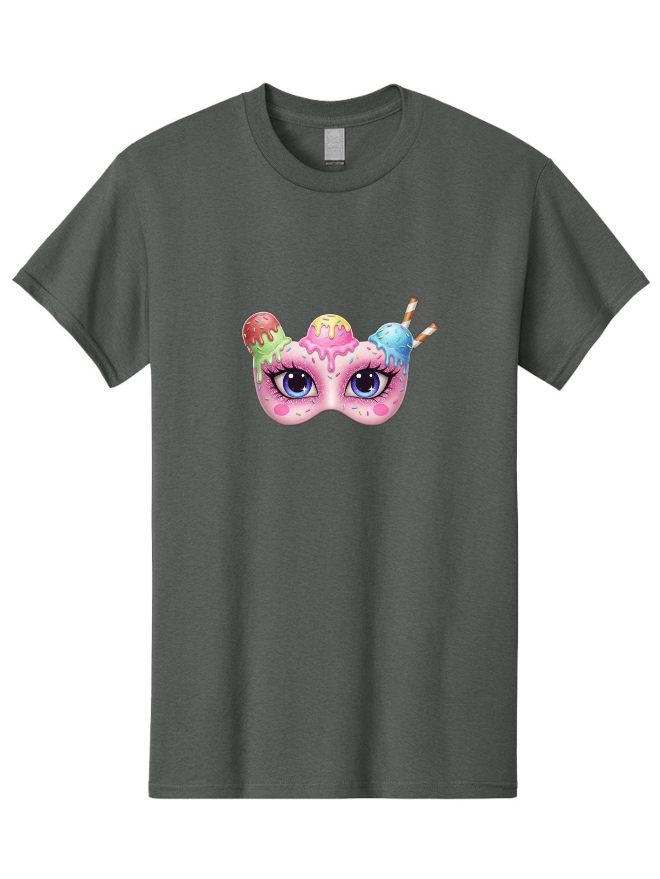 Ice-Cream-Mask Men'S Graphic Tee, 100% Cotton, Comfortable Casual Summer Wear, Machine Washable, Ice Cream Mask, Masquerade Ball, Pastel Colors, Blue Eyes, Candy Decorations, Sprinkles, Dripping Glaze, Whimsical Design, Cartoon Style, Bad206 8