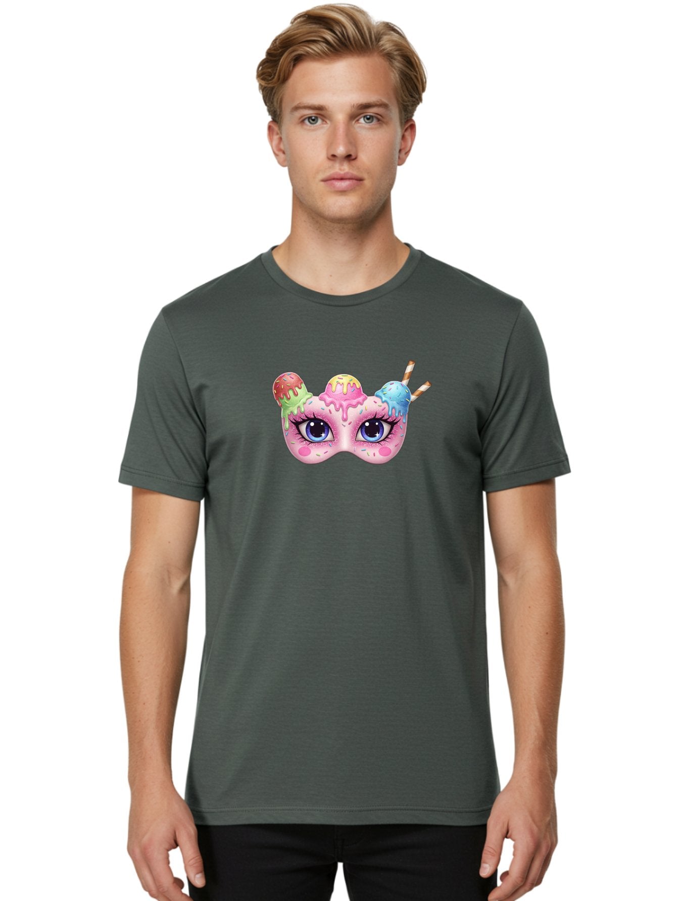 Ice-Cream-Mask Men'S Graphic Tee, 100% Cotton, Comfortable Casual Summer Wear, Machine Washable, Ice Cream Mask, Masquerade Ball, Pastel Colors, Blue Eyes, Candy Decorations, Sprinkles, Dripping Glaze, Whimsical Design, Cartoon Style, Bad206 25