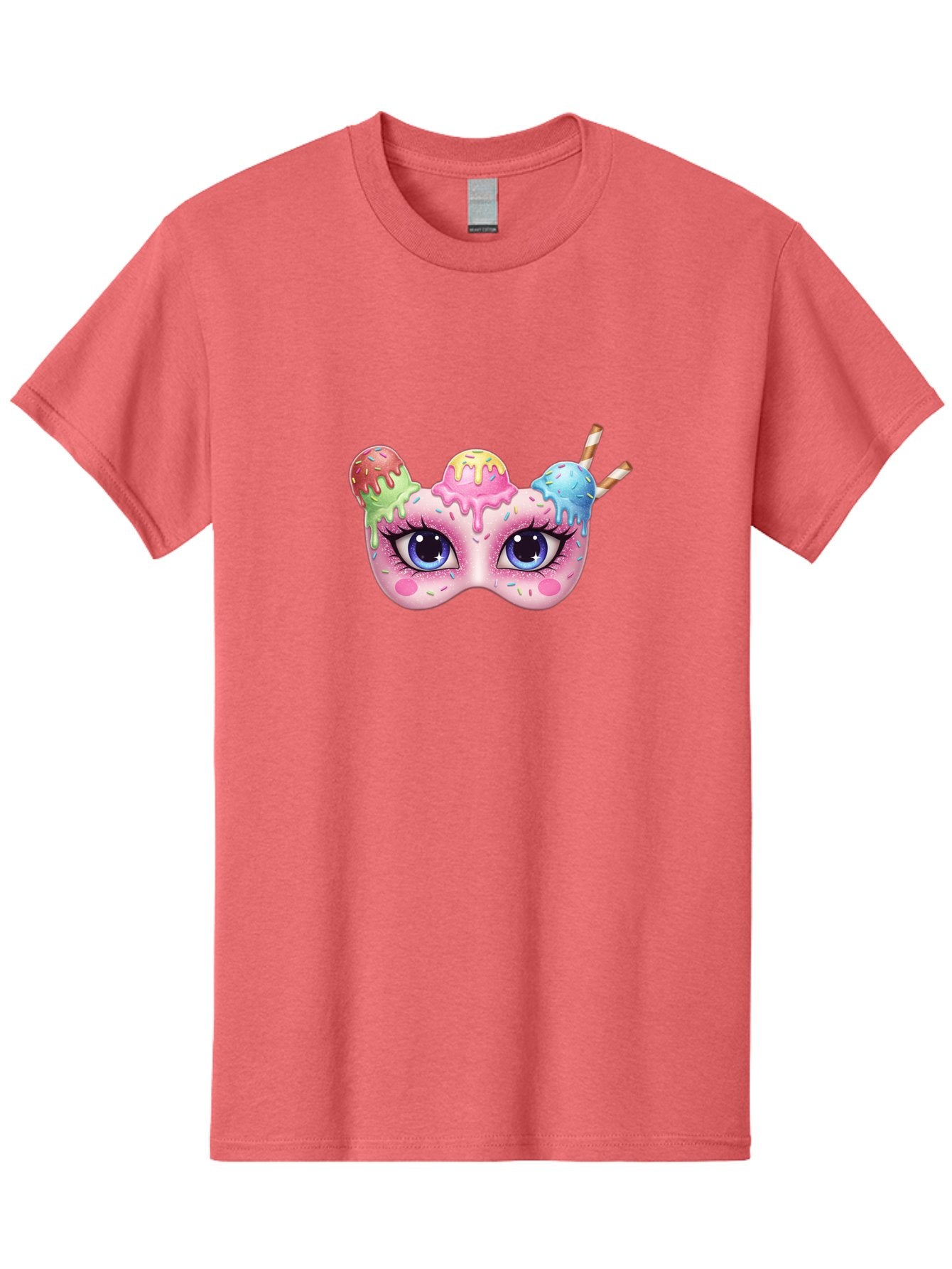 Ice-Cream-Mask Men'S Graphic Tee, 100% Cotton, Comfortable Casual Summer Wear, Machine Washable, Ice Cream Mask, Masquerade Ball, Pastel Colors, Blue Eyes, Candy Decorations, Sprinkles, Dripping Glaze, Whimsical Design, Cartoon Style, Bad206 10