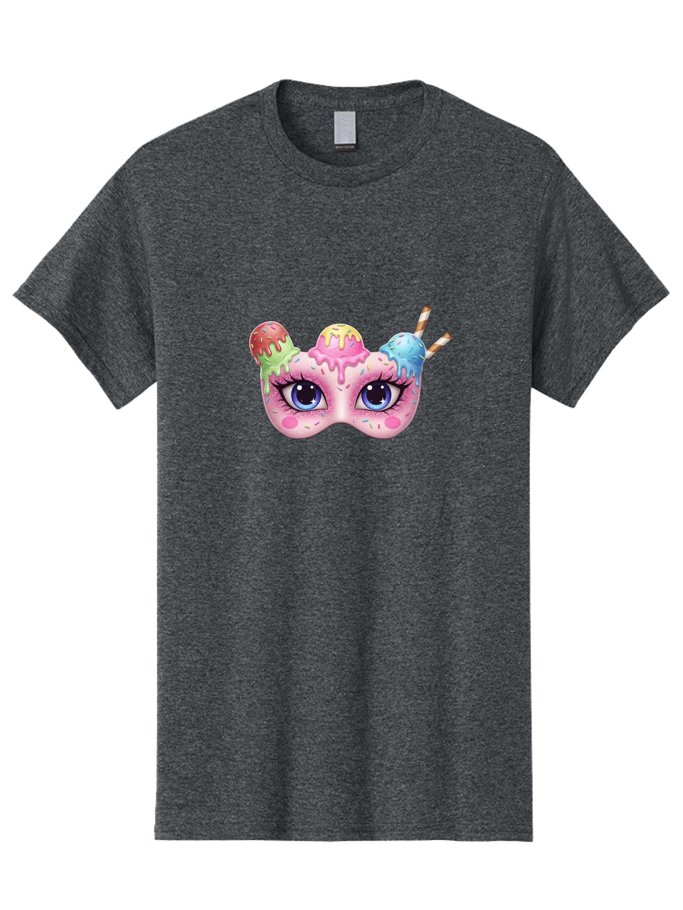 Ice-Cream-Mask Men'S Graphic Tee, 100% Cotton, Comfortable Casual Summer Wear, Machine Washable, Ice Cream Mask, Masquerade Ball, Pastel Colors, Blue Eyes, Candy Decorations, Sprinkles, Dripping Glaze, Whimsical Design, Cartoon Style, Bad206 12