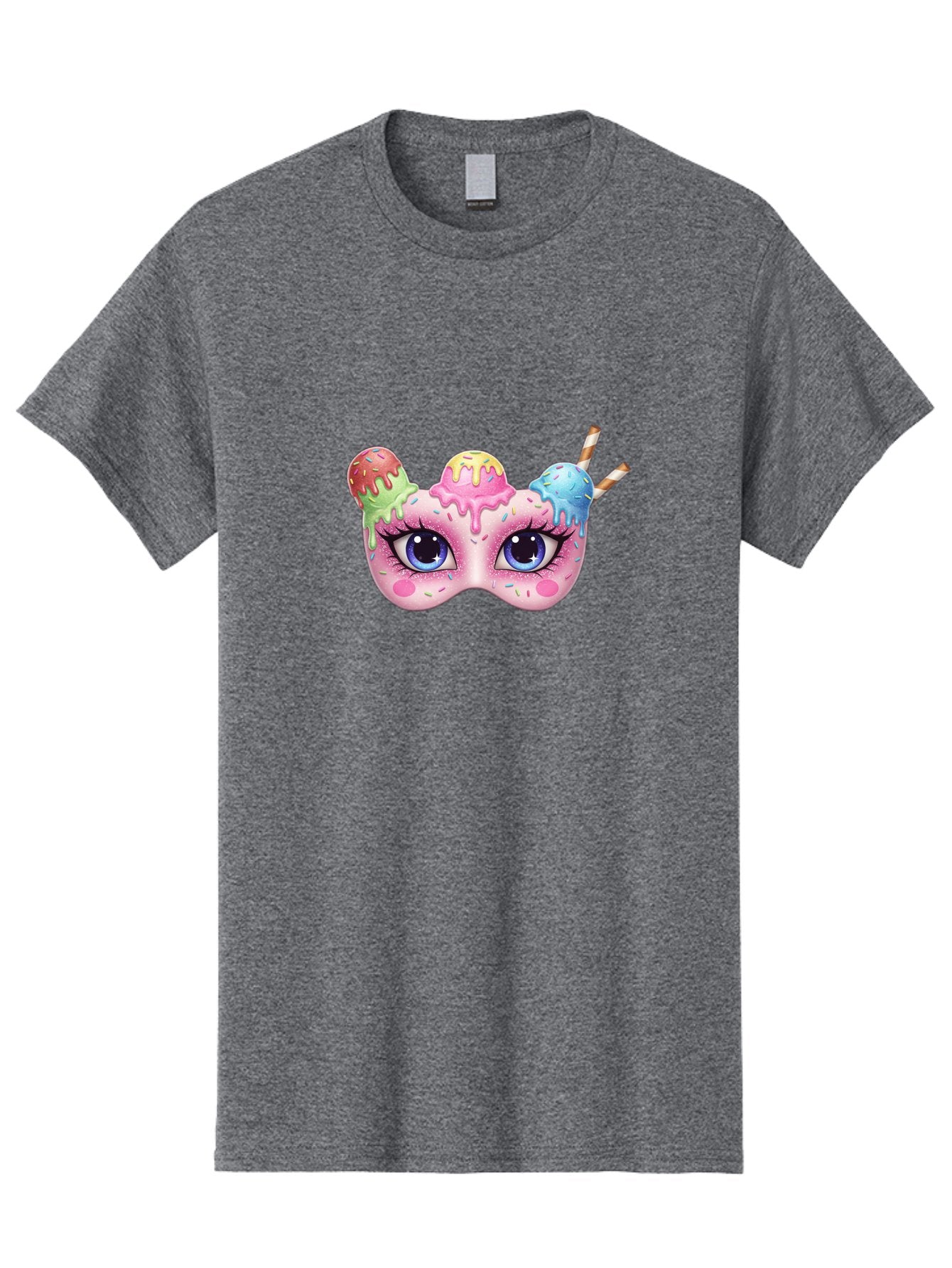 Ice-Cream-Mask Men'S Graphic Tee, 100% Cotton, Comfortable Casual Summer Wear, Machine Washable, Ice Cream Mask, Masquerade Ball, Pastel Colors, Blue Eyes, Candy Decorations, Sprinkles, Dripping Glaze, Whimsical Design, Cartoon Style, Bad206 14