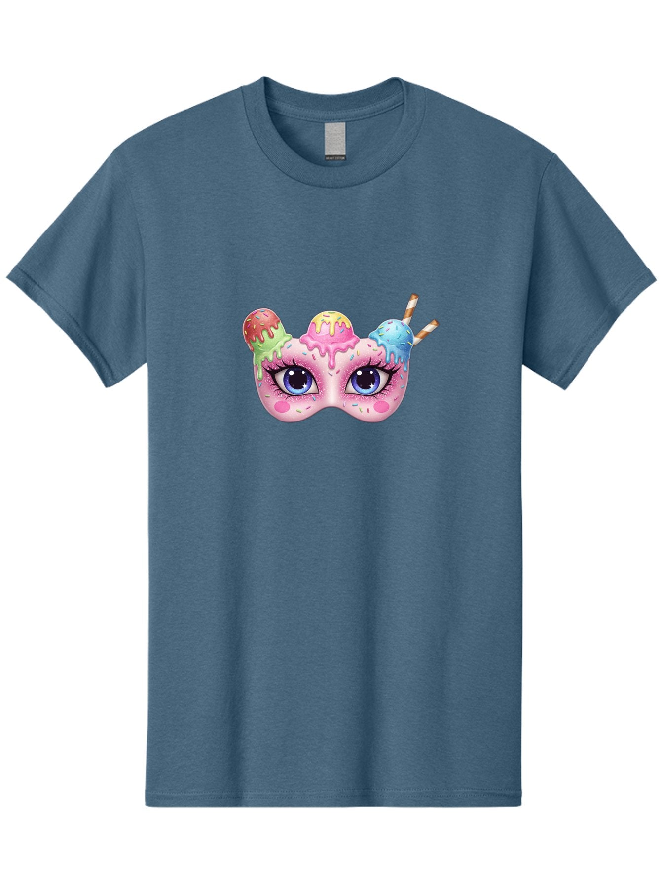 Ice-Cream-Mask Men'S Graphic Tee, 100% Cotton, Comfortable Casual Summer Wear, Machine Washable, Ice Cream Mask, Masquerade Ball, Pastel Colors, Blue Eyes, Candy Decorations, Sprinkles, Dripping Glaze, Whimsical Design, Cartoon Style, Bad206 11