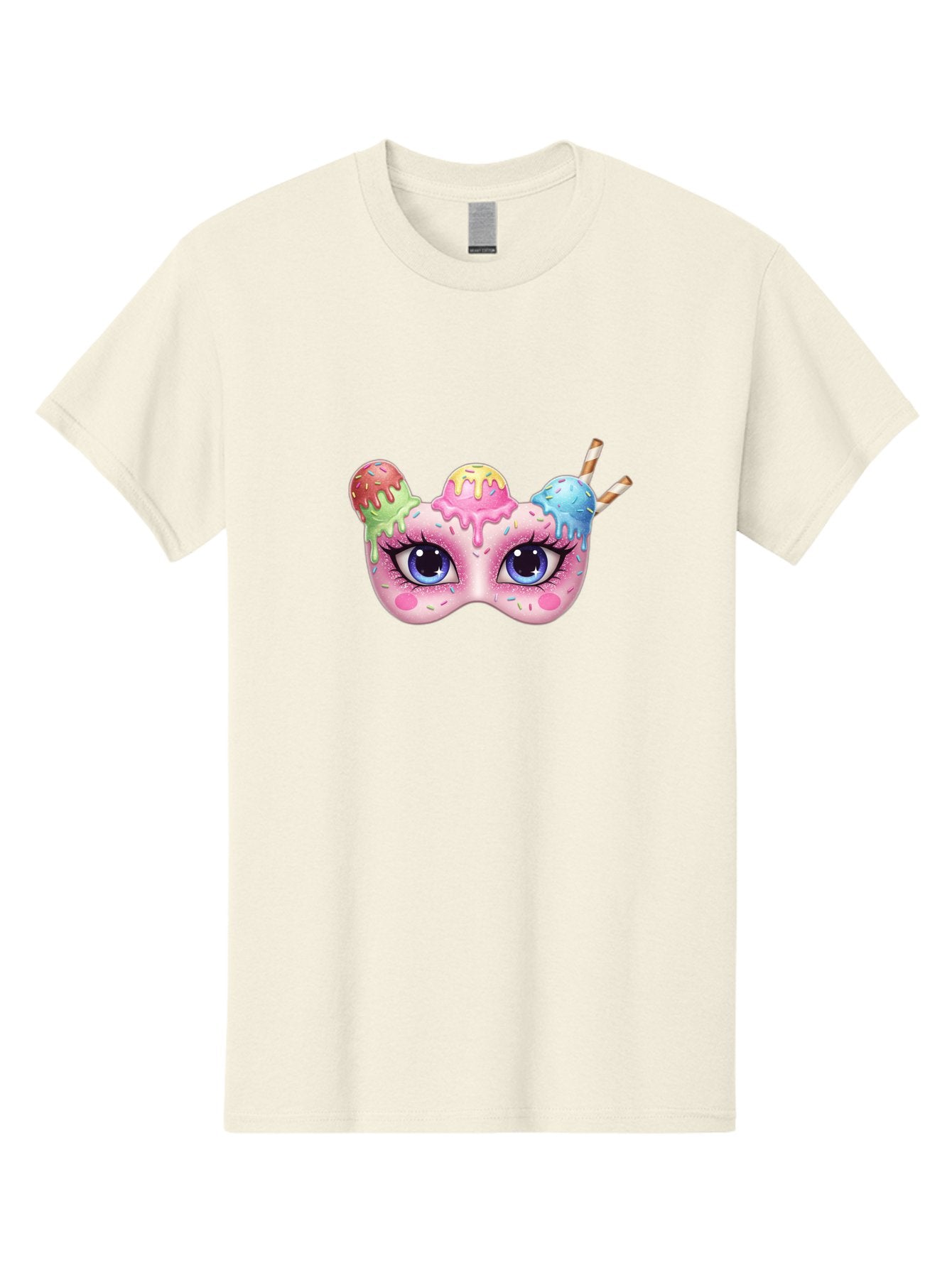 Ice-Cream-Mask Men'S Graphic Tee, 100% Cotton, Comfortable Casual Summer Wear, Machine Washable, Ice Cream Mask, Masquerade Ball, Pastel Colors, Blue Eyes, Candy Decorations, Sprinkles, Dripping Glaze, Whimsical Design, Cartoon Style, Bad206 6